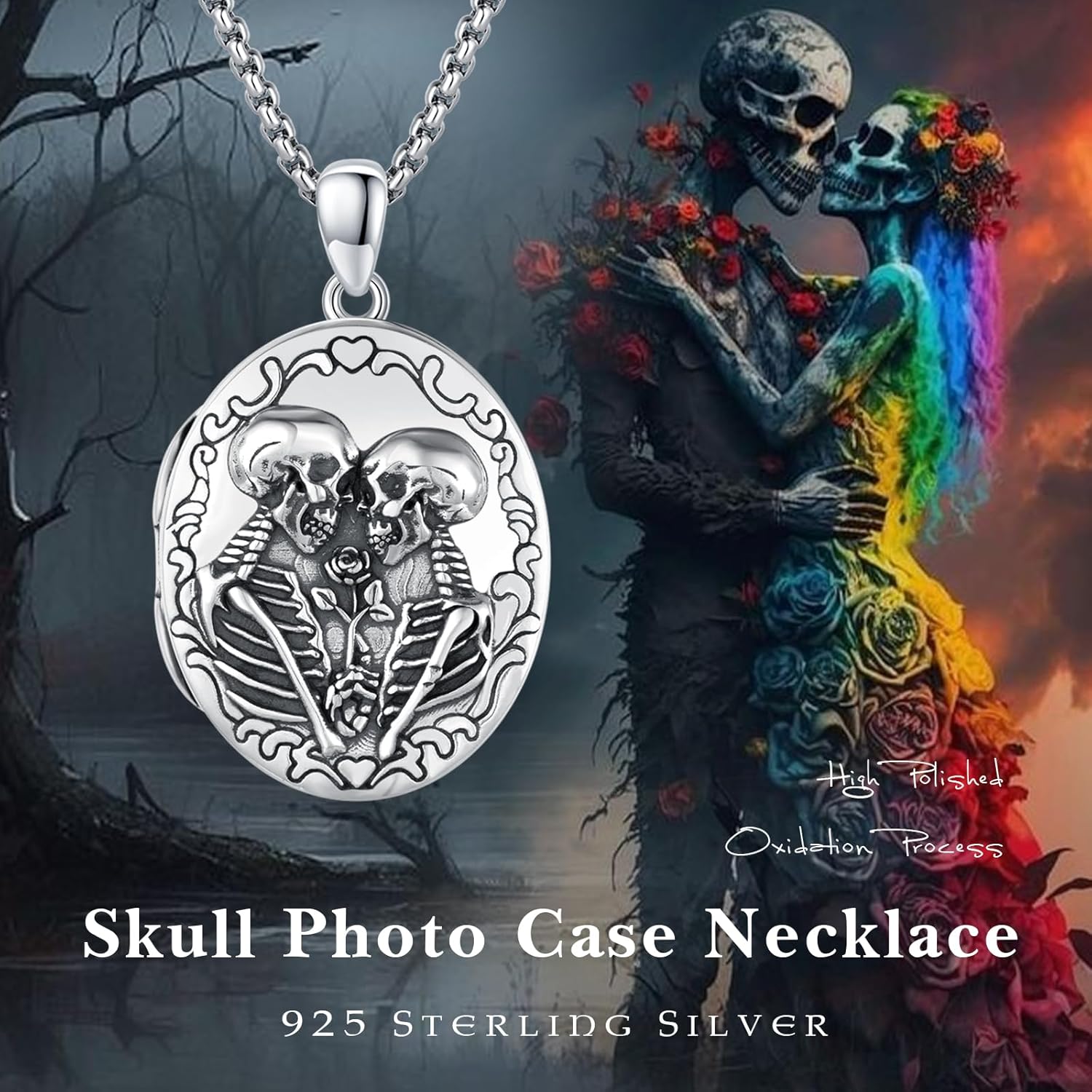 CUOKA MIRACLE Skull Locket Necklace,925 Sterling Silver Gothic Jewelry Gothic Locket Pendant Couple Skull Necklace Holds Photo Memorial Jewelry Vanlentine`s Day Gift Customed Locket (Only Locket) - Image 2