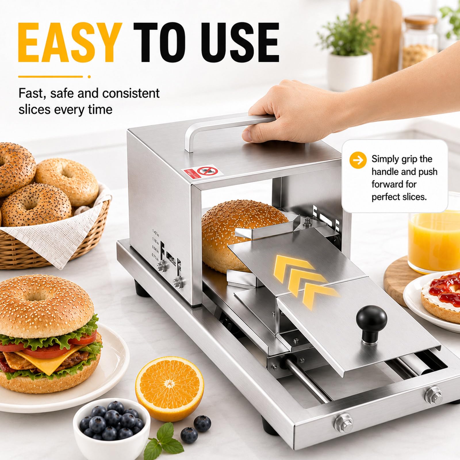 MIAOXIAOLONG Rebanador Manual De Bagel De Acero Inoxidable para Uso Doméstico Y Comercial - Cortador Ajustable con 4 Niveles De Grosor, Apto para Lavavajillas, Panaderos