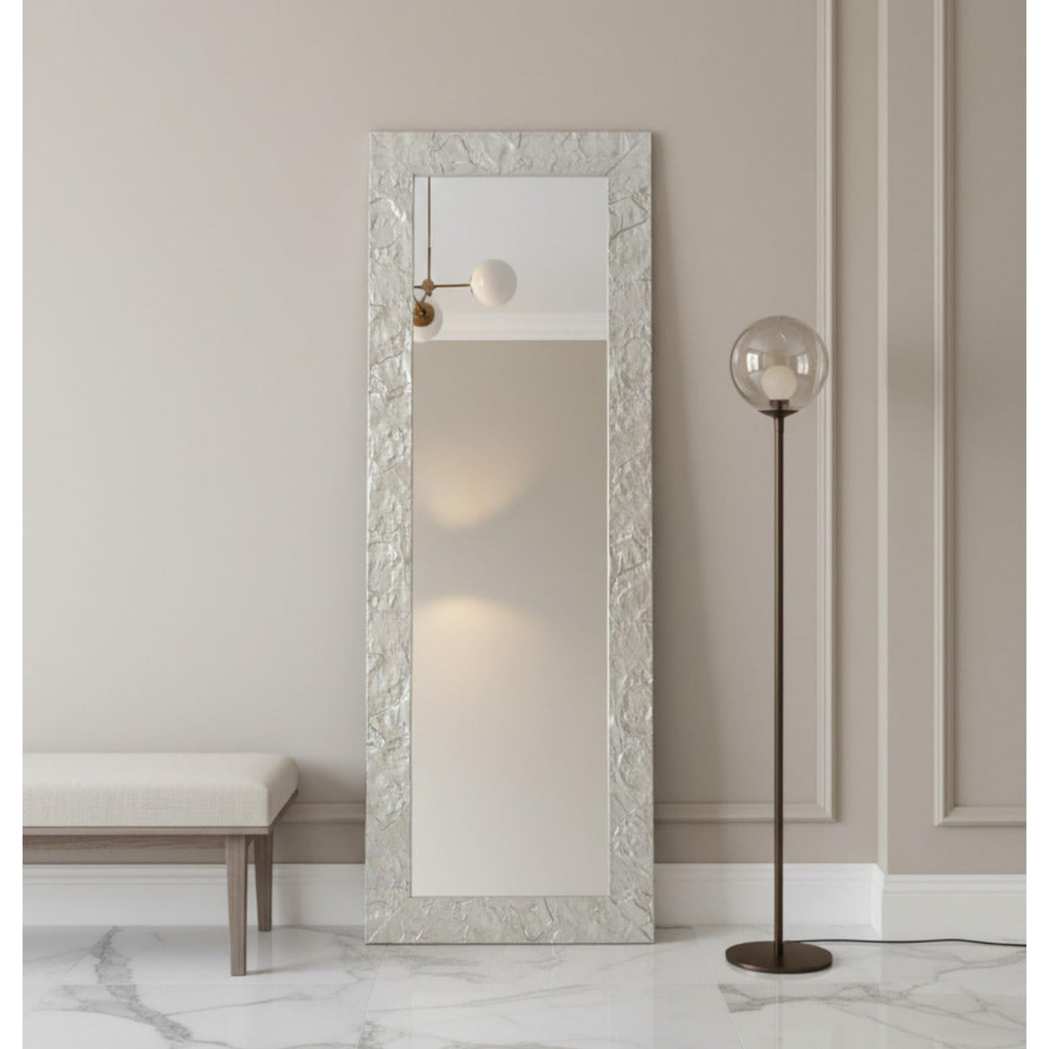 MO.WA Specchio da Parete Argento Cornice Legno Abete cm. 50x145 da Appendere al Muro Verticale Orizzontale o appoggio per Ingresso Camera da Letto Soggiorno - Made in Italy.