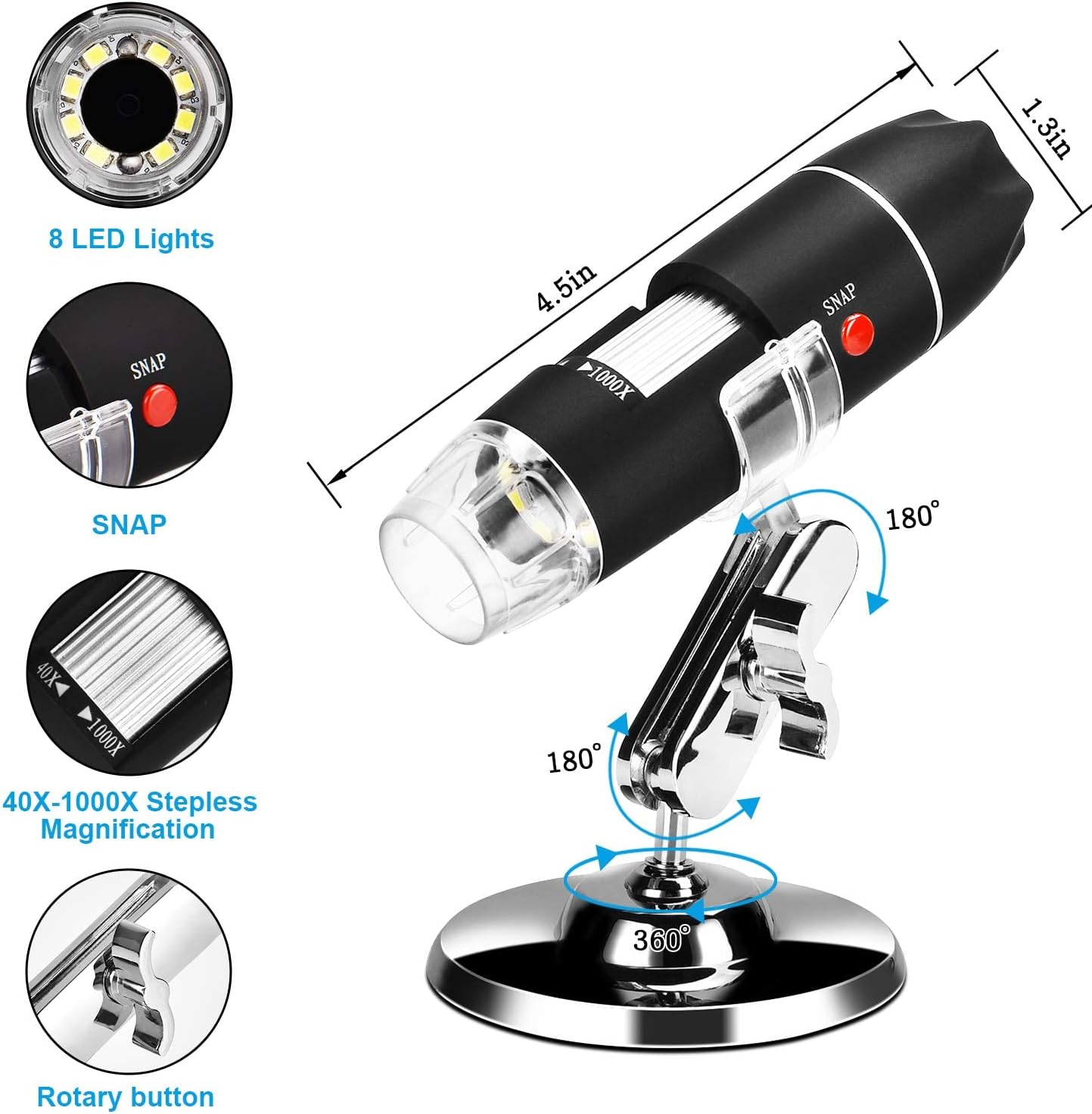 USB Microscope, 40X-1000X Digital Microscope 3 in 1 PCB Microscope Camera Magnification Endoscope Camera Portable Microscope, Metal Stand for Windows 7/8/10, Mac, Android with OTG, Linux