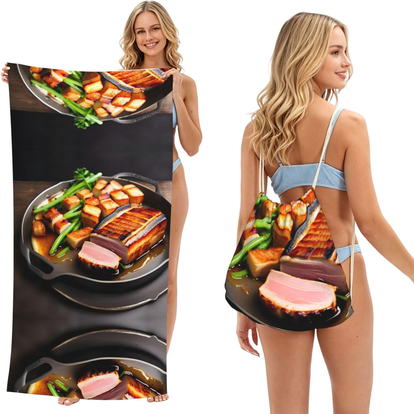 SXZVVBN Delicious grilled meat 2-in-1 Beach Towel Bag, Quick Dry Sand Free Travel Towel Backpack for Adults