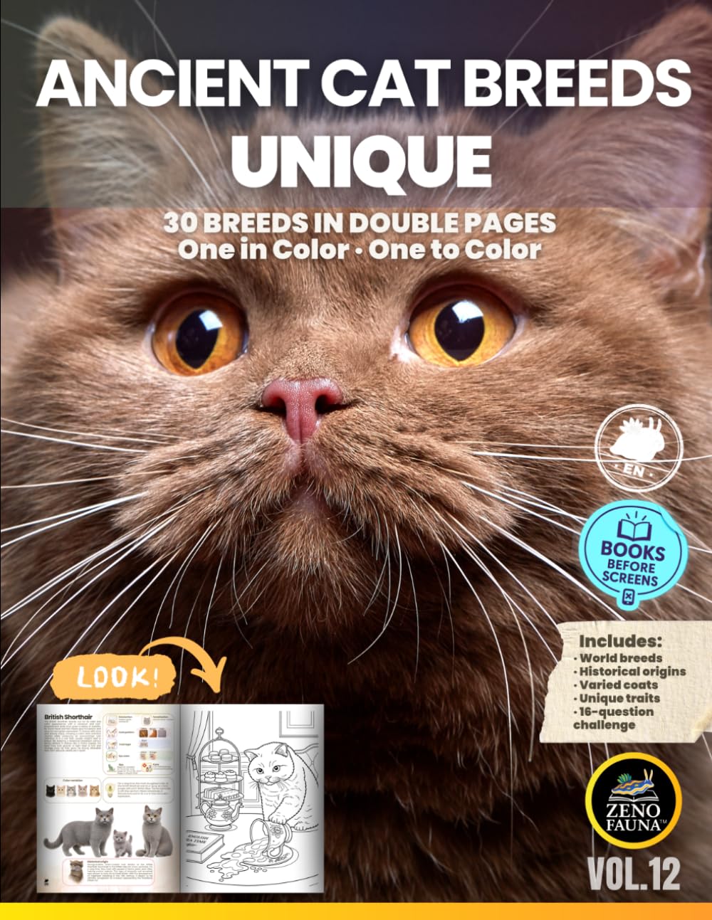 Cats: Ancient Cat Breeds – Unique: 30 Breeds in Double Pages | One in Color and One to Color (Unique Animals)