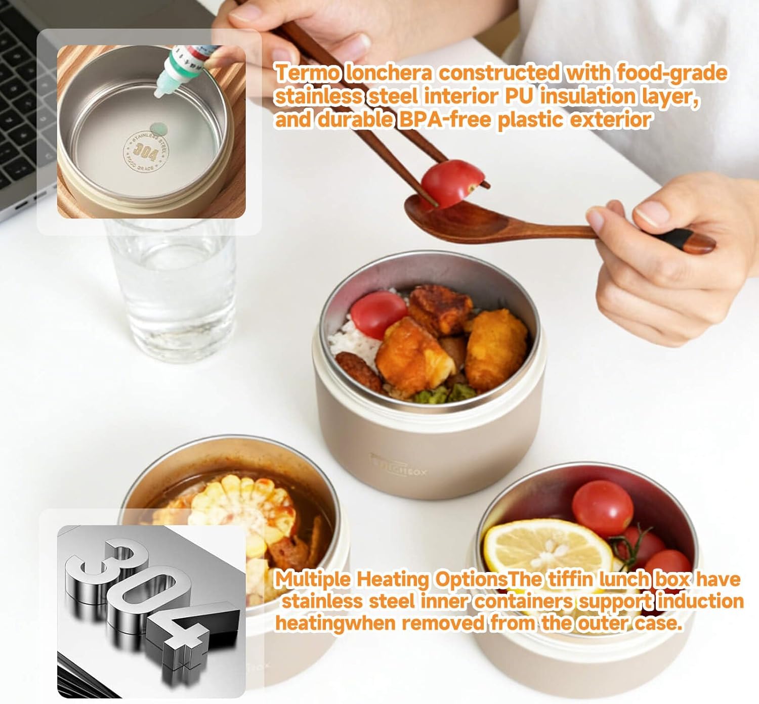 4 Tier Portable Insulated Lunch Container Set, Stackable Bento Box with Thermal Lunch Bag, Safe Hot Food Container for Adults, Leakproof Thermal Food Container for Picnic, Work & Travel