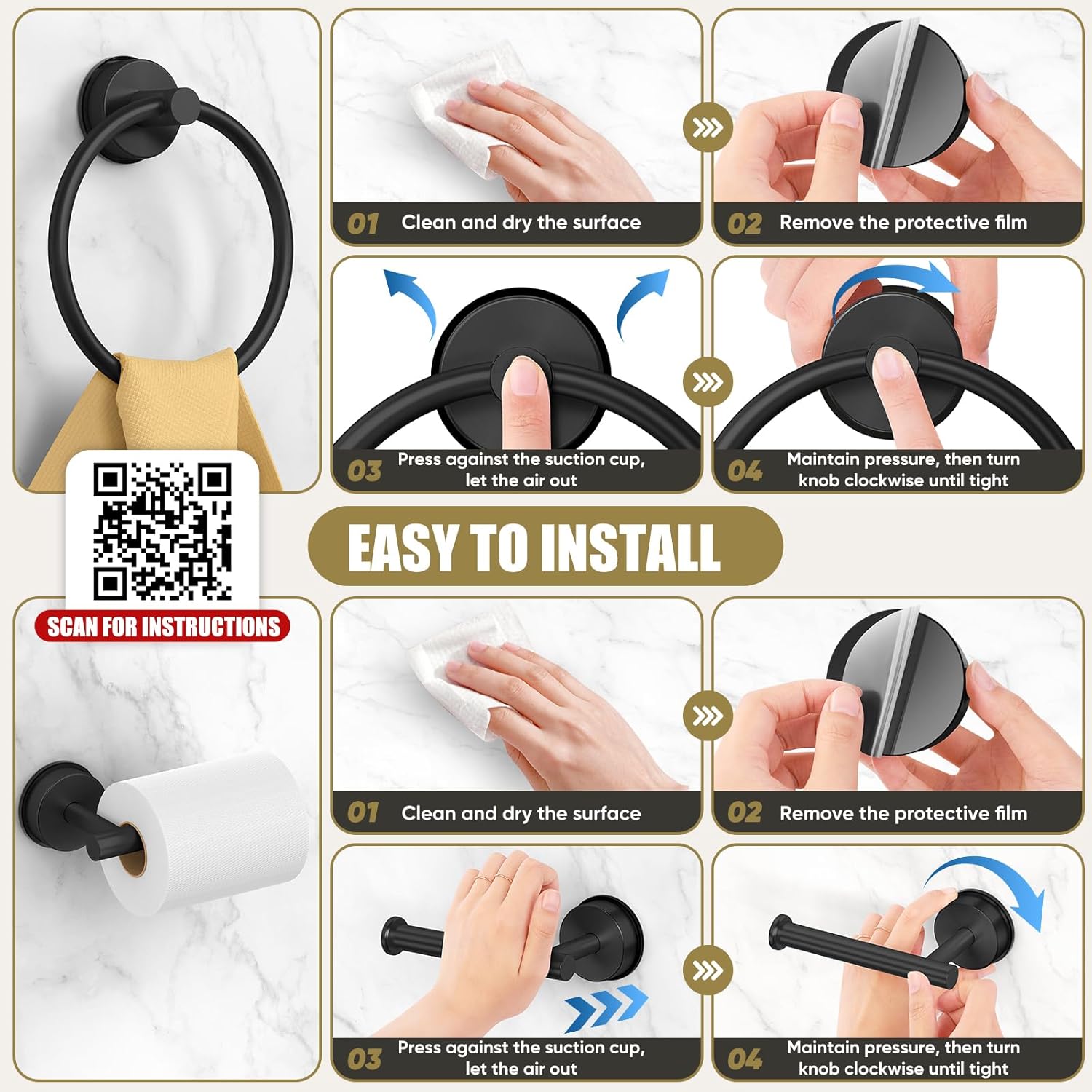 Matte Black Suction Cup Bathroom Accessories Set,Towel Racks for Bathroom,5 Piece Bathroom Hardware Set Restroom Accessories,Includes 24 inch Towel Bar,Towel Ring,Toilet Paper holder,Suction Cup Hooks