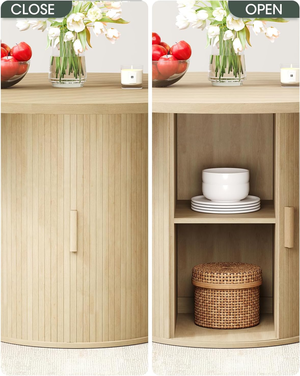 LINLUX 47-inch Round Dining Table with Storage, Modern Fluted Design Side Shelf for Dining Room, Kitchen, Perfect for 4-6 People (Natural Wood)