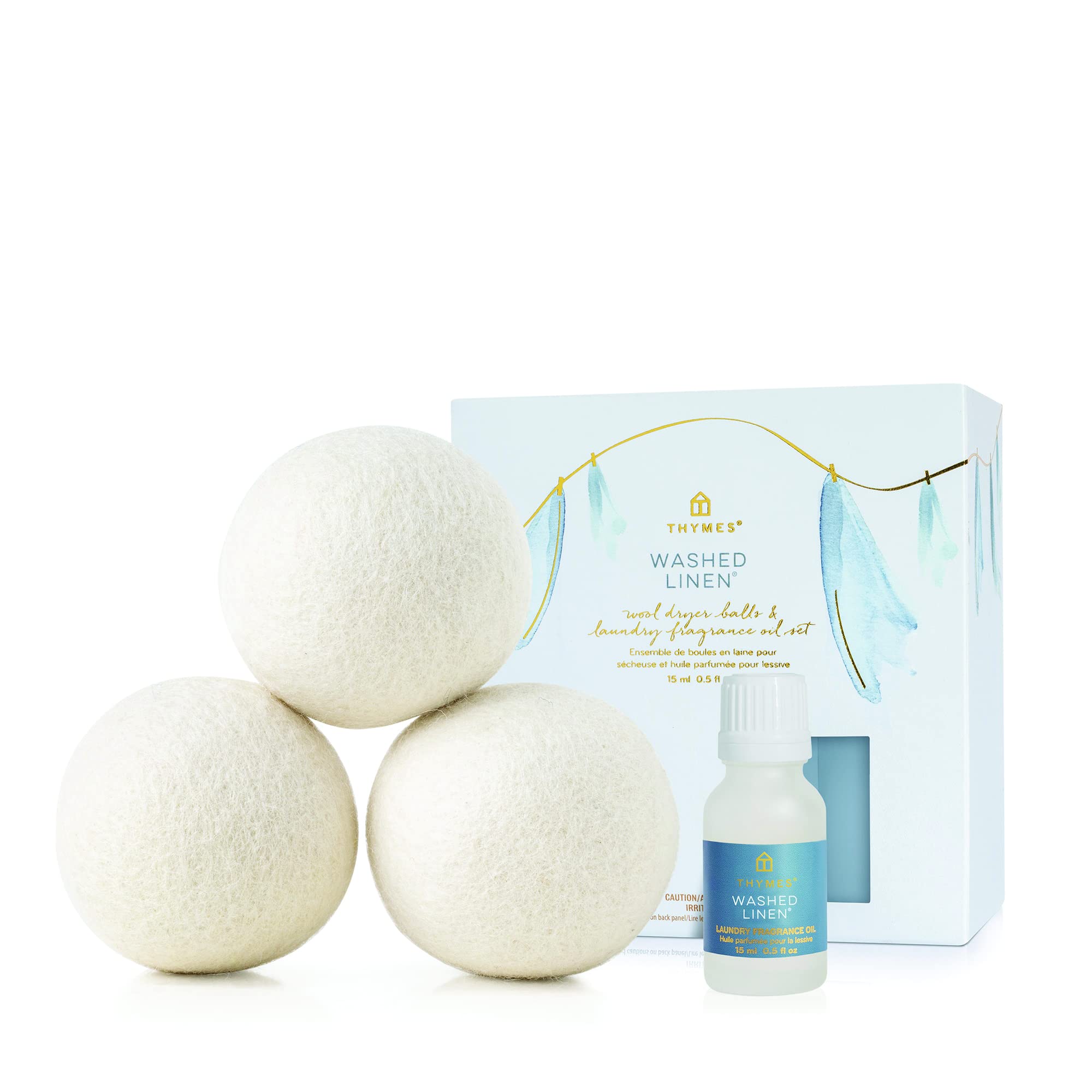 Thymes Wool Dryer Balls Set – Includes 3 Wool Laundry Balls + 1 Scented Laundry Fragrance Oil for Dryer – Eliminate Wrinkles, Static & Lint (Washed