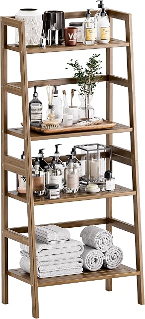 HITNET Bibliothèque d'élèves, 4-Tier Étagère de rangement, étagère de stockage à affichage libre, support pour les petites fleurs, Space Étagère de livre en bambou, noyer