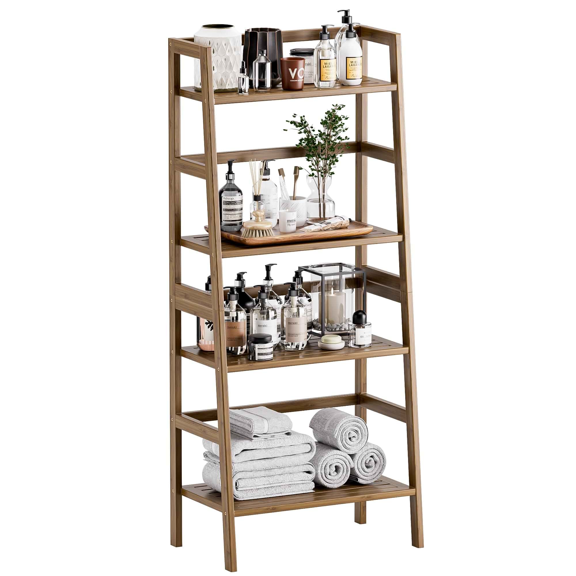 HITNET Ladder Shelf, 4-Tier Bamboo Bookshelf, Freestanding Open Display Storage Rack, Space Saving Flower Plant Display Stand for Bathroom Living Room, Walnut Floor Mount