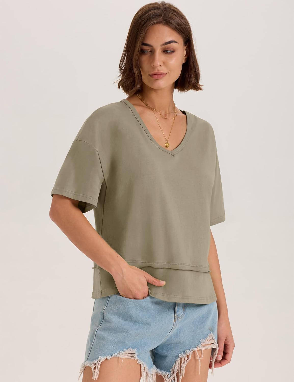 LOMON Womens V Neck Cotton T Shirts Summer Casual Cute Short Sleeve Flowy Fashion Tops Loose Fit Basic Tees - Image 5