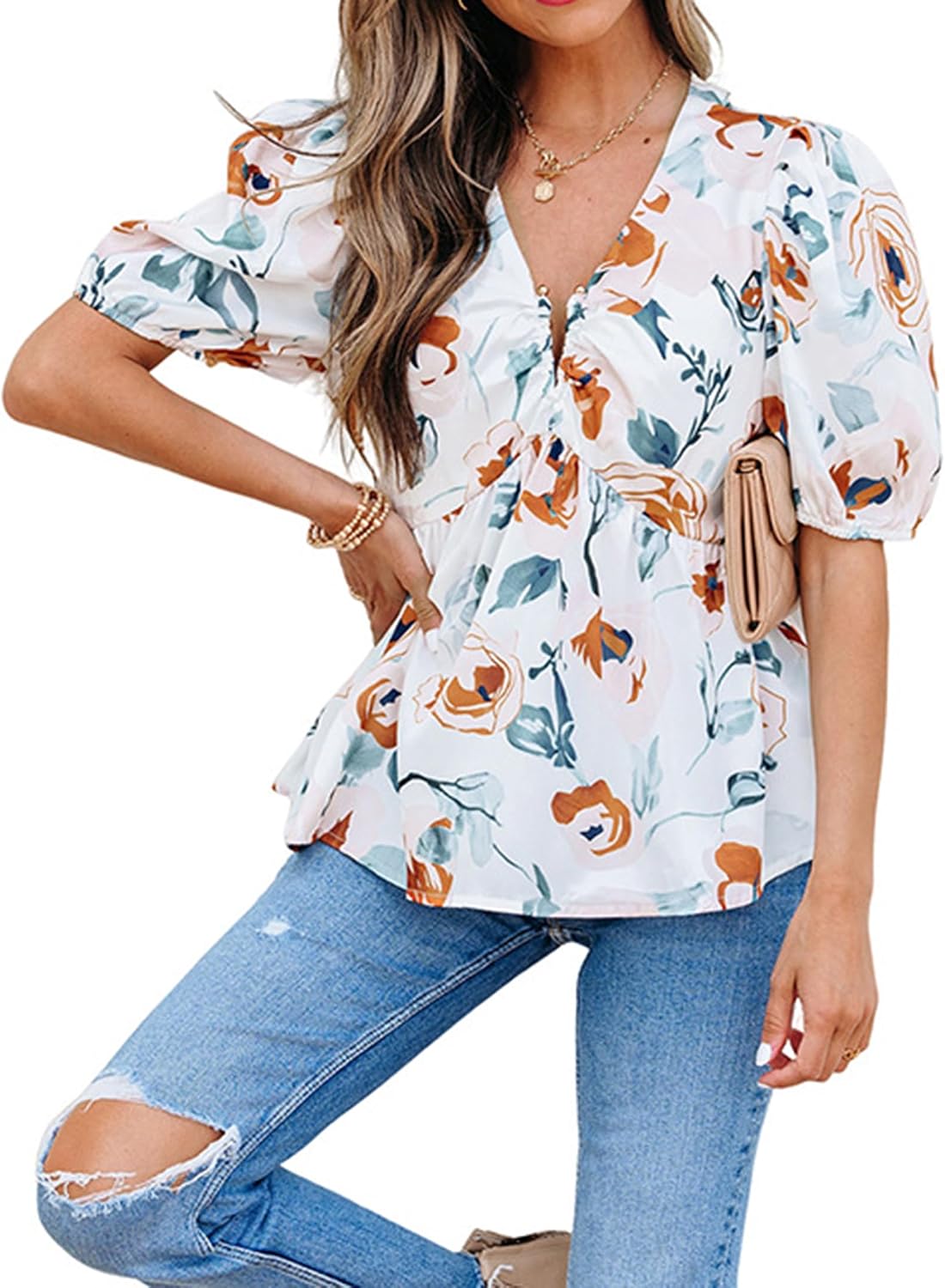 Pinclodly Floral Tops for Women Summer Blouses Dressy Casual Boho Shirts Puff Sleeve V Neck Flowy Babydoll Top 2025