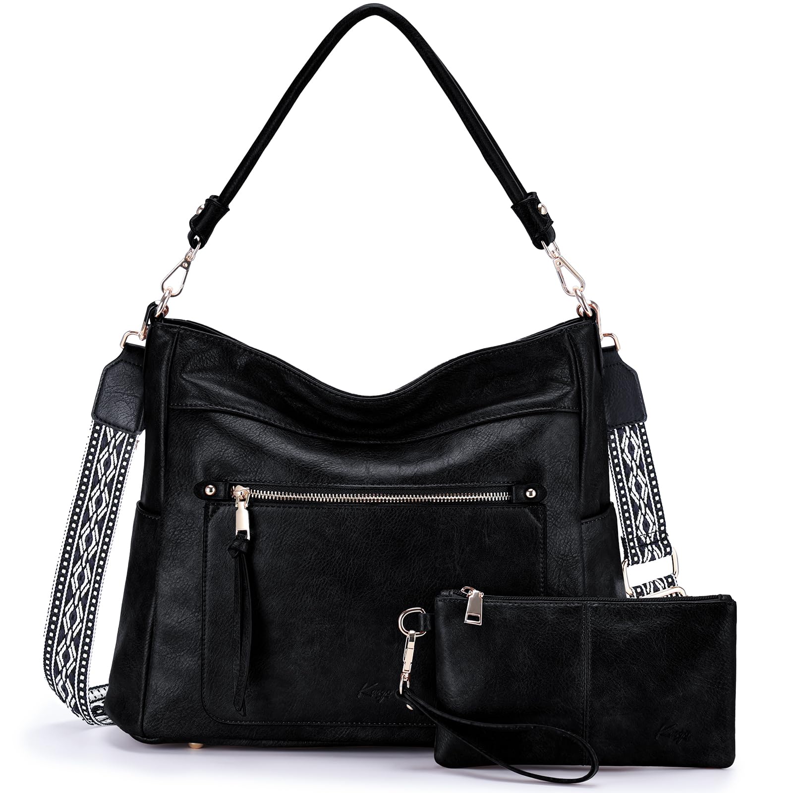 Kasqo Hobo Bags for Women,Medium Vegan Leather Handbag with Wallet Pouch Guitar Strap Crossbody Tote Purse Shoulder Bag Black