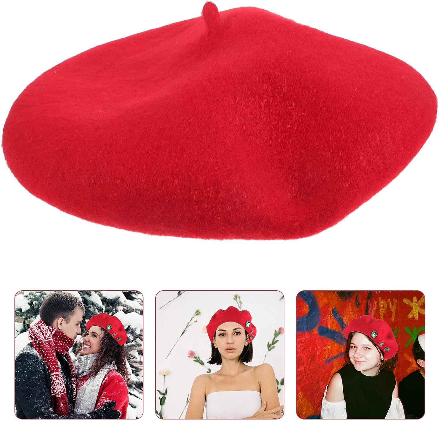 Christmas Beret Hat for Women Warm Wool Blend Beret Cap Red Artistic Style Decorative Party Hat with Christmas Button