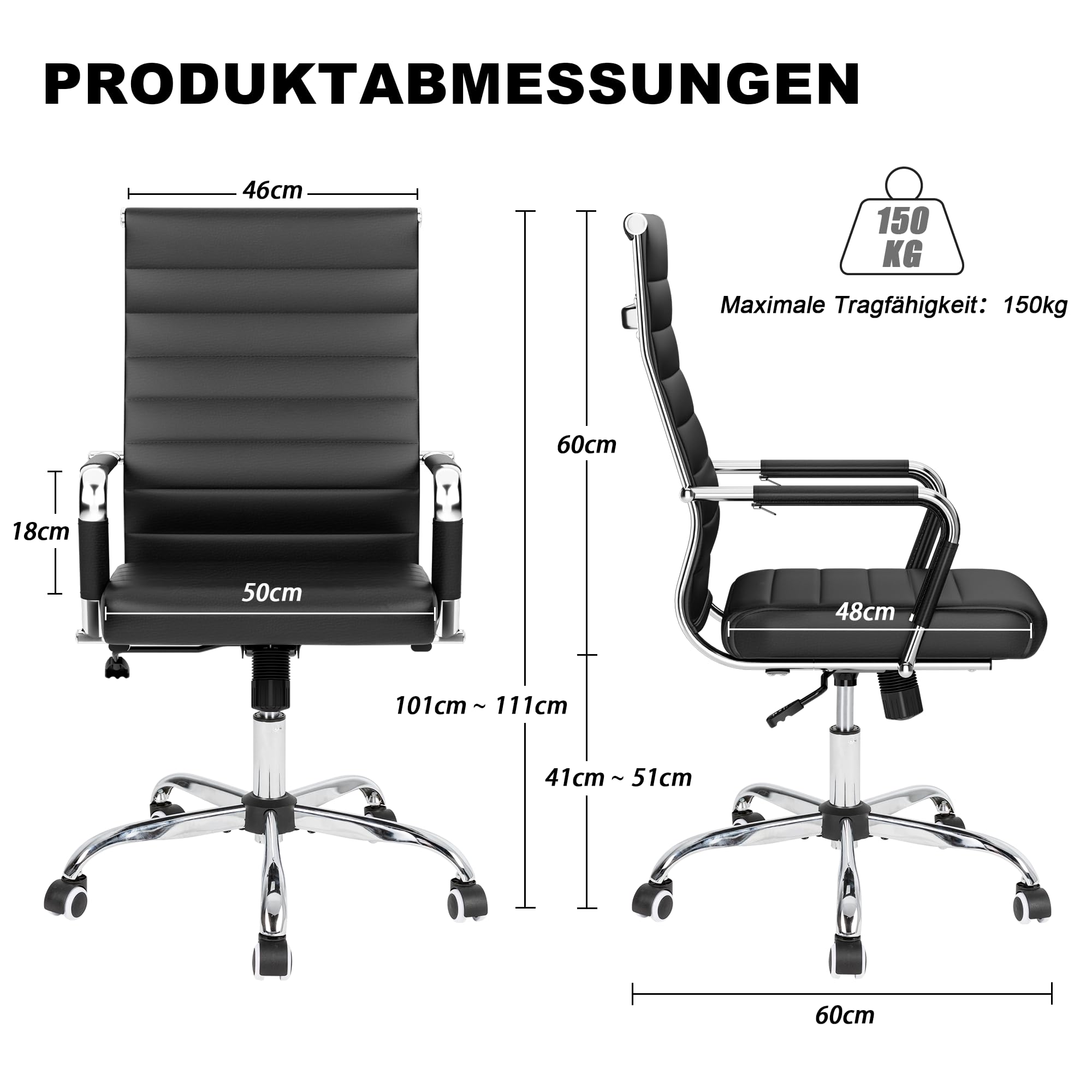 UEV Bürostuhl Ergonomisch aus Kunstleder Drehstuhl Schwarz | Schreibtischstuhl mit Armlehne Office Chair S-förmige Lendenwirbelstütze gepolsterter Sitz höhenverstellbar aus Kunstleder
