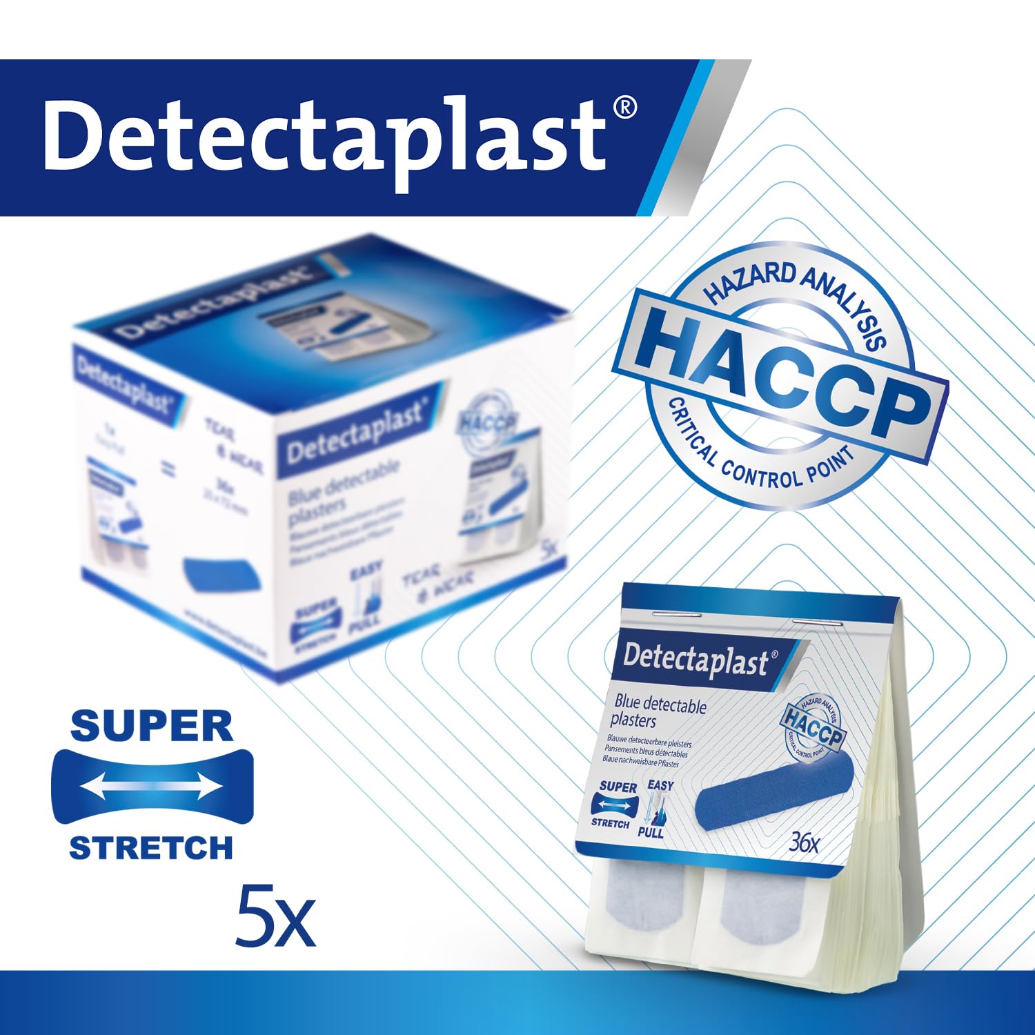 Detectaplast Juego de Recambio para Dispensador de Tiritas, 180 Tiritas Azules Elásticas para la Restauración, Kit de 5 x 36 Apósitos Detectables