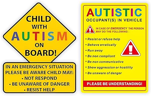 eDesign Paquete de 2 calcomanías para niños con respuestas de alerta de autismo y ocupante autista en vehículos, calcomanías para automóvil, camión,