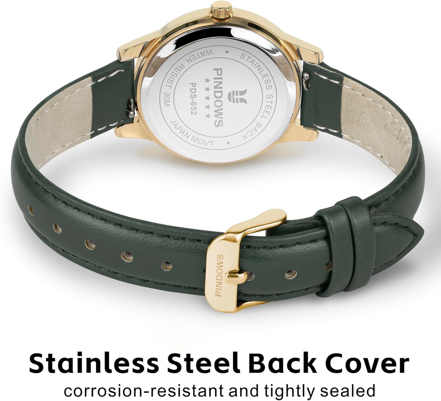 PINDOWS Minimalist Watches for Women, Gold-Tone Case with Black Leather Strap, Fashionable, Everyday Elegant Quartz Analog Dress Watch - Image 3