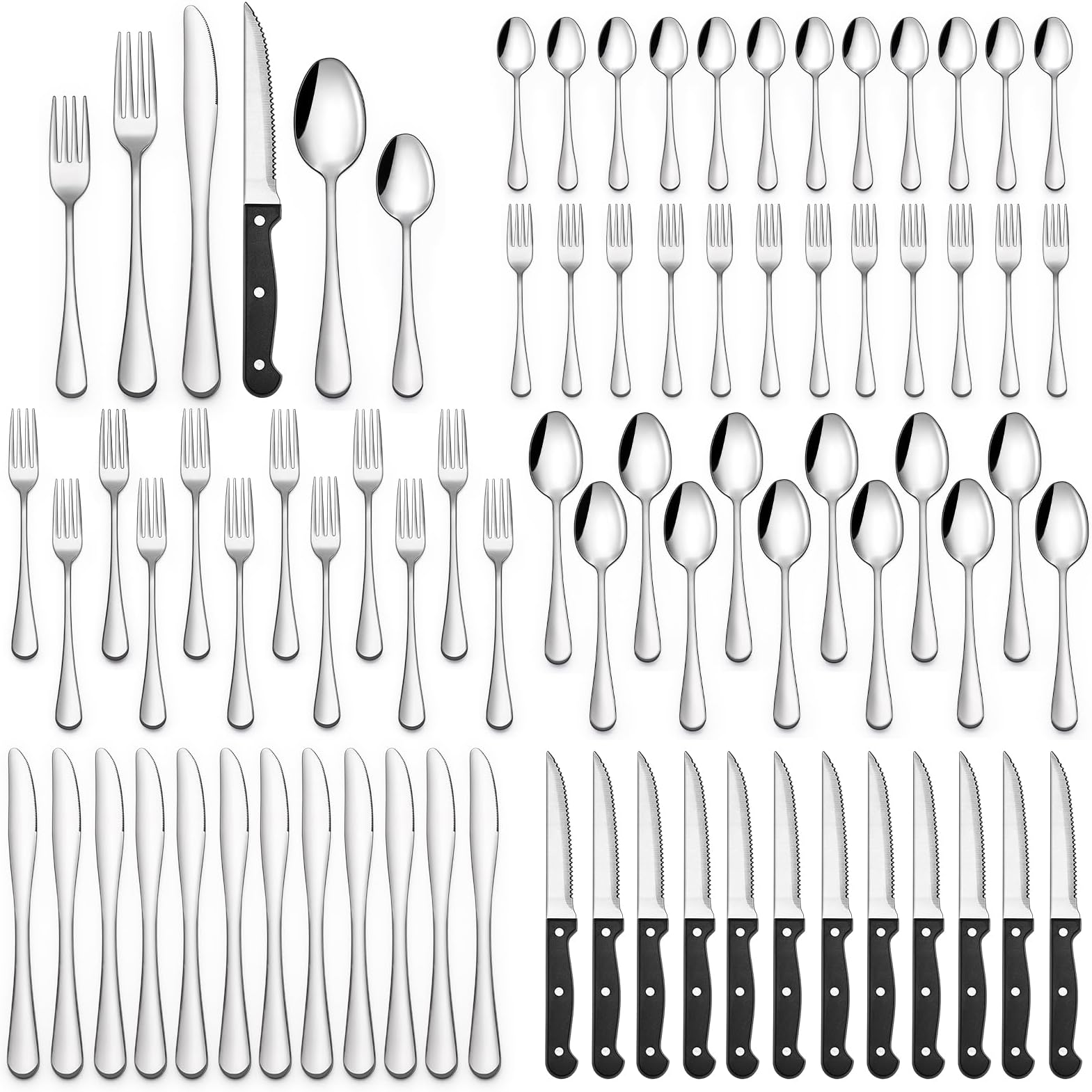 AIKWI 72Piece Silverware Set with Steak Knives Service for 12, Stainless Steel