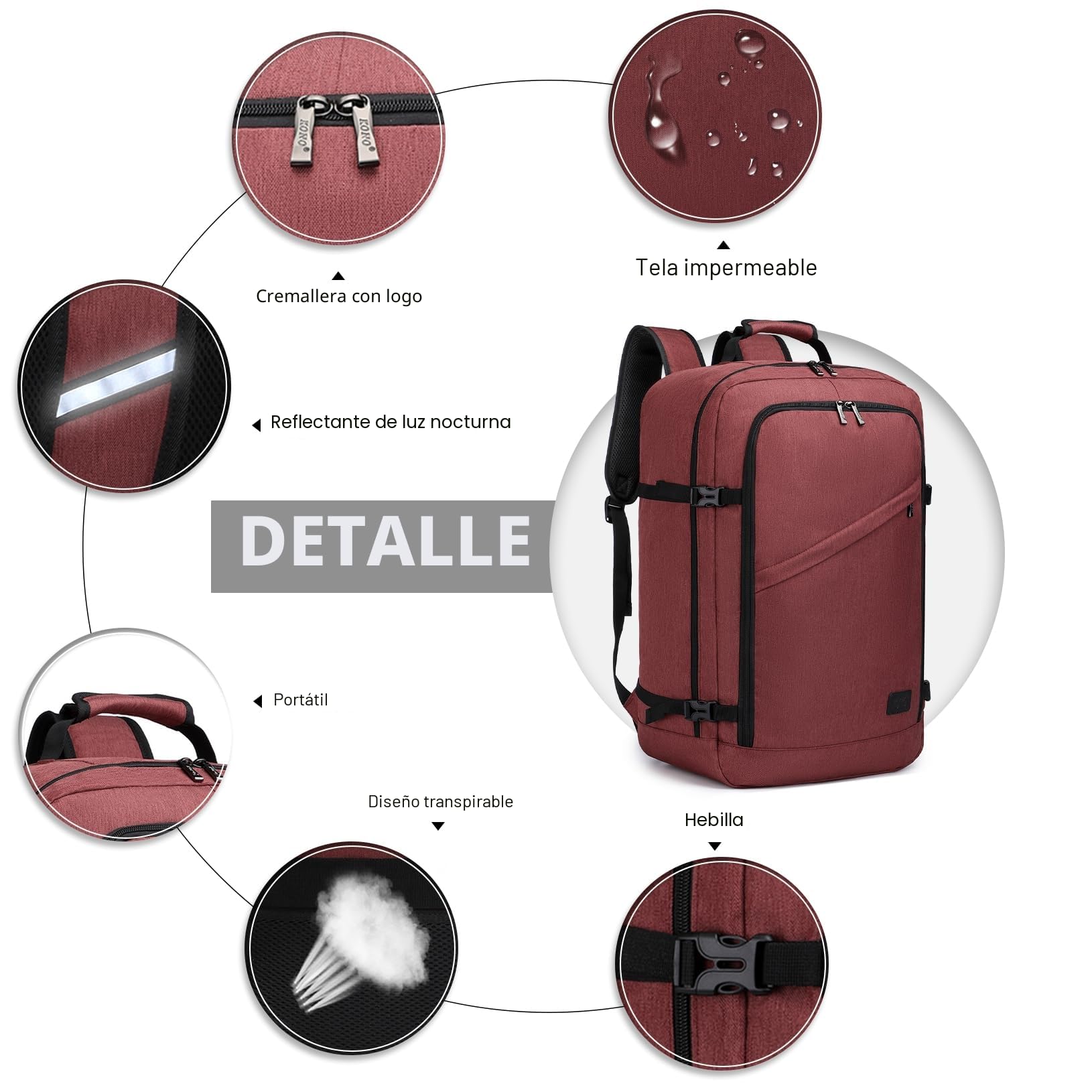 Kono Mochila Cabina 55x35x20cm Bolsa de Viaje Grande Bandolera Portátil 38L (Rojo)