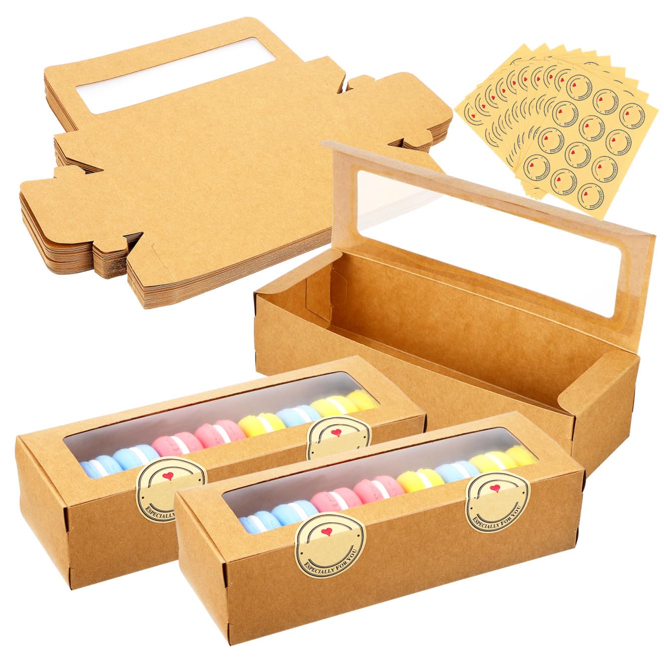 MAGICLULU 50 Stück Macaron Schachtel aus Kraftkarton mit Sichtfenster und Aufklebern für Backzubehör Kekse und Süßigkeiten im Laden