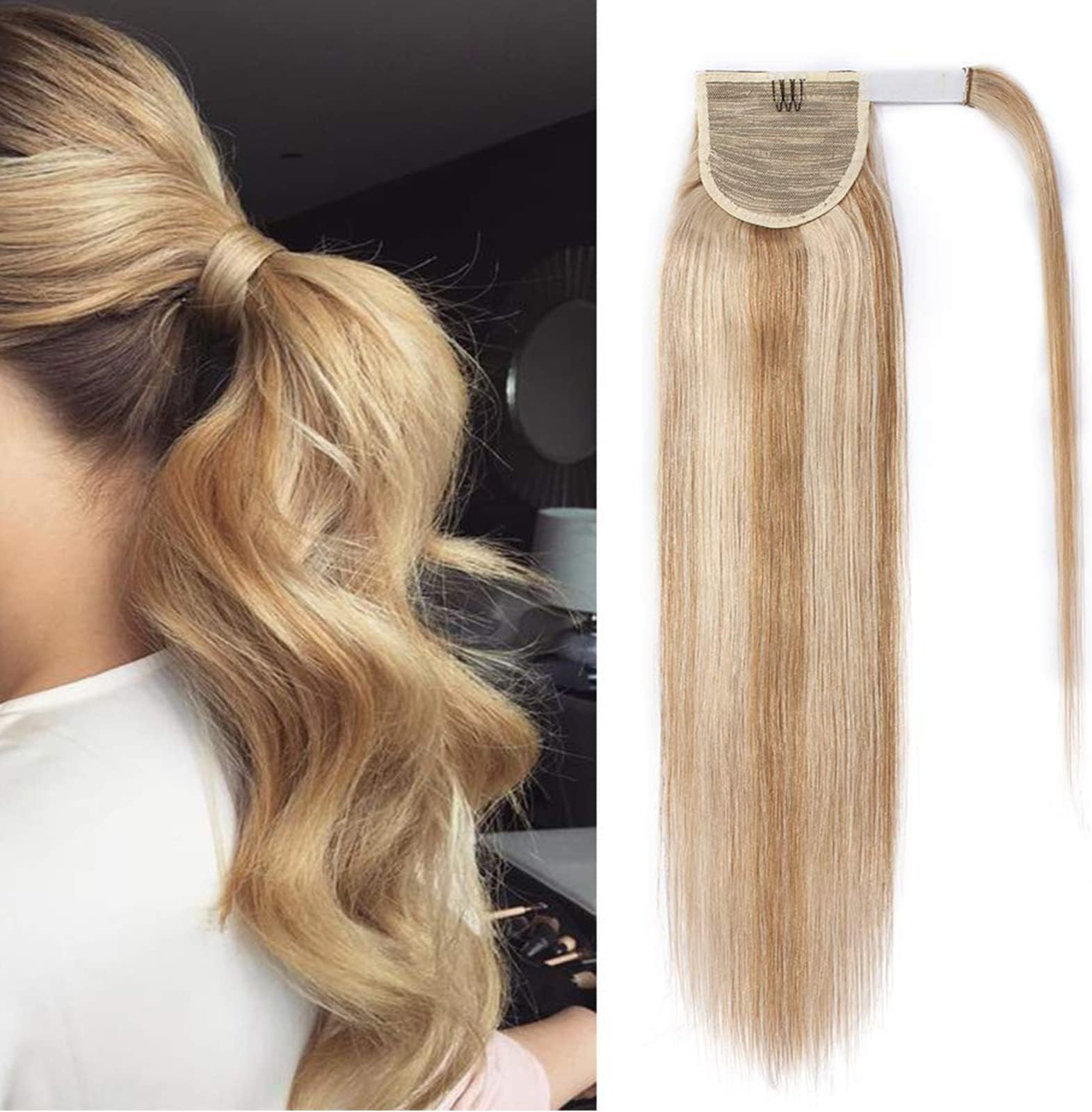 14" Wrap Around Ponytail Extension Human Hair (80g,#18P613 Ash Blonde&Bleach Blonde)