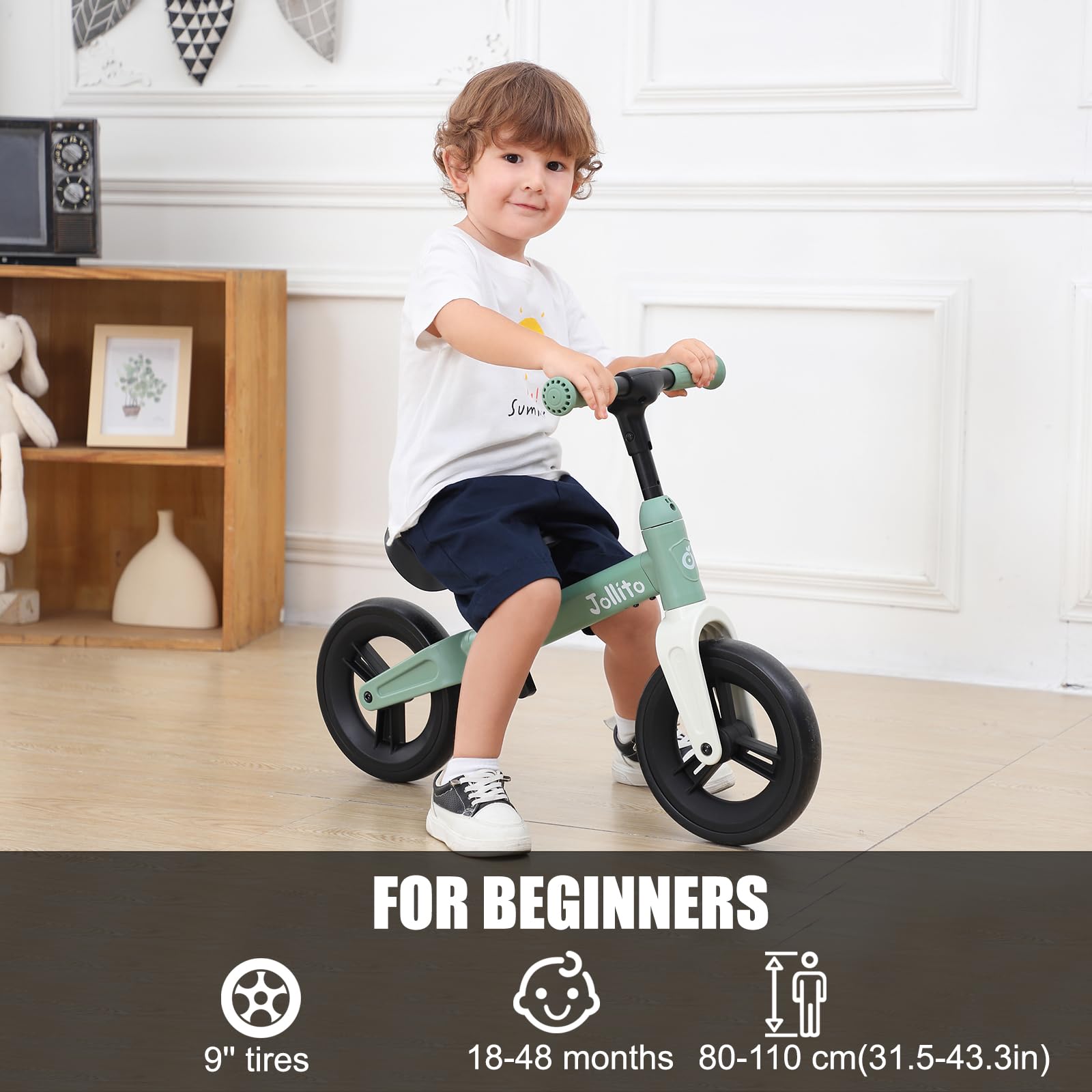 JOLLITO Baby Balance Bike, Giocattoli per bambini in bicicletta per 18-48 mesi di età Ragazza e ragazzo regali, Leggero senza pedali Training Bike, ruota da 9 pollici e telaio in alluminio