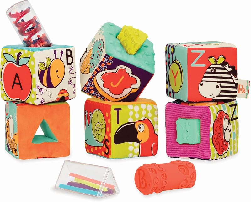 Bloques de construcción de tela suave, Fiesta en el bloque ABC, Bebé | 6 bloques de alfabeto suaves más 5 formas sensoriales gruesas para apilar, letras, colores, animales y formas, Bebé, 6+ meses