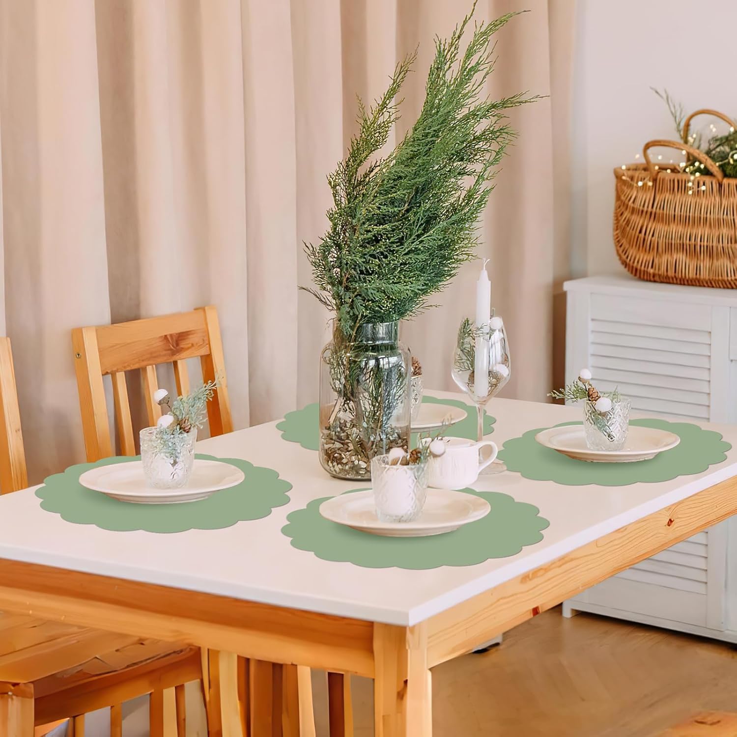 120 Pcs Sage Green Paper Placemats, 13.5 Inch Disposable Scalloped Placemat Round Table Place Mats, Round Table Place Mats for Birthday Wedding Bridal Shower Baby Shower Banquet Tea Party
