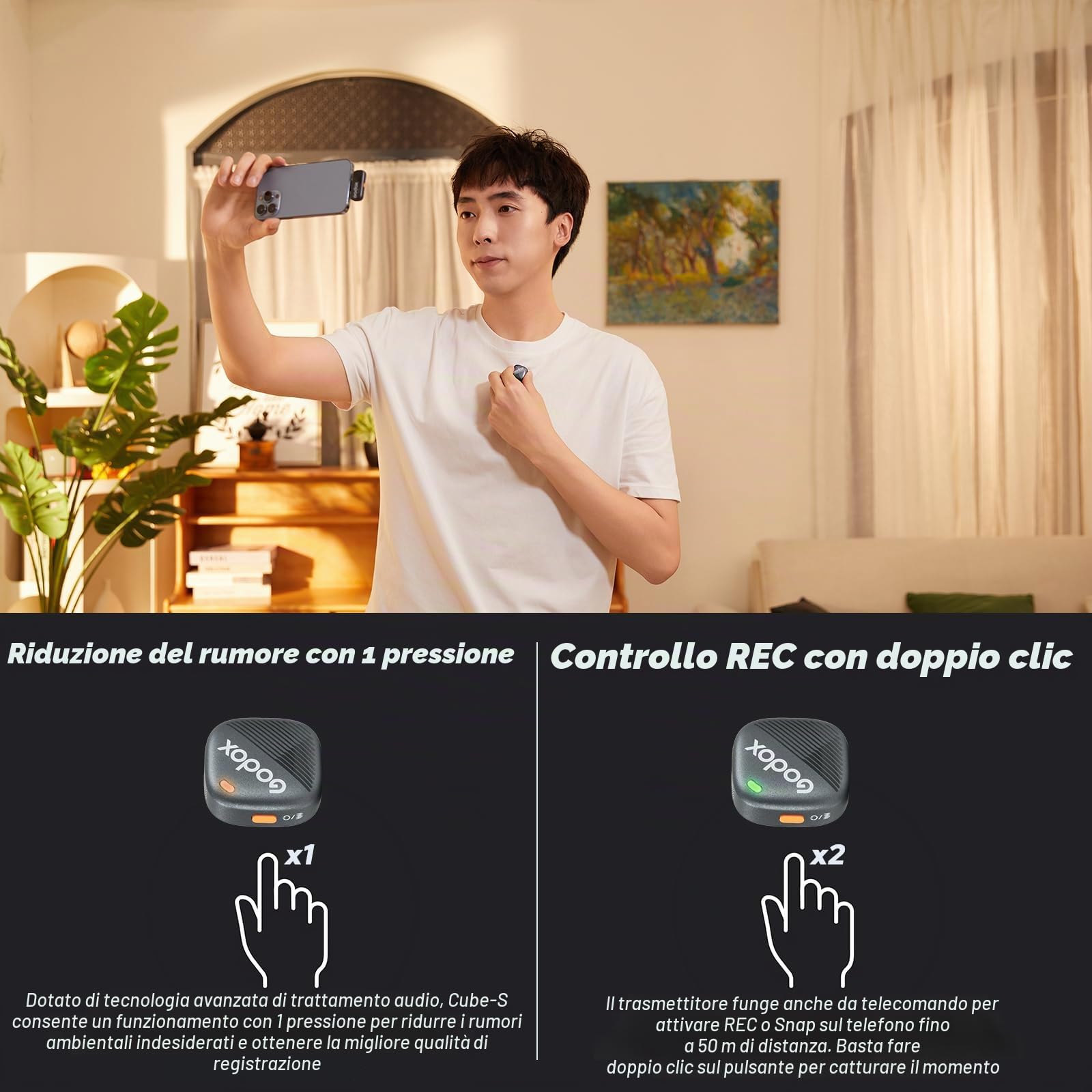 GODOX Cube-SC Kit2 Microfono Lavalier senza fili per iPhone 15 e Android,USB C,8H durata della batteria, 2.4G Wireless Mic, 300m (1000ft), Cancellazione del rumore con custodia di ricarica per Vloging