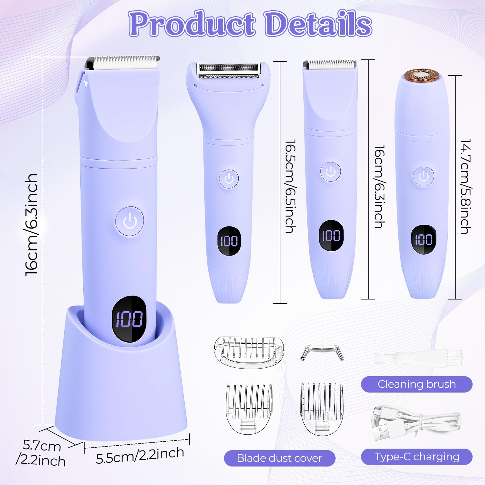 Afeitadora Mujer, Kit Electrica para Cara, 3 en 1 Rasuradora zona Intima, Uso en seco y Húmedo, LED DISPLAY, Recargable Afeitadora Shaver Maquina de Depilar para Cara, Axilas, Piernas, Bikini