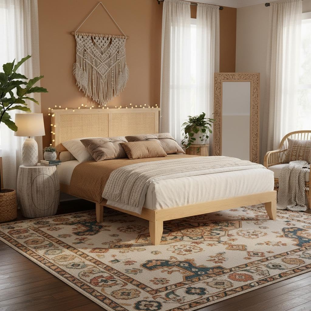 coucheta Rattan Bed Frame Queen with Natural Rattan Headboard,Queen Bed Frame with LED Lights,Rattan Queen Bed Frame with Headboard,Solid Wood Foundation with Silent Slats,No Box Spring Needed(Queen)