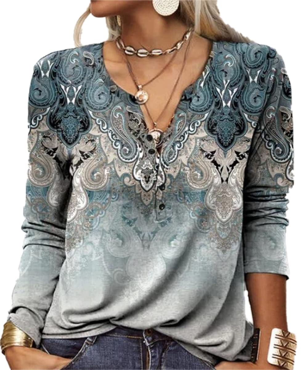 GRMLRPT Blusa para Mujer Manga Larga Camisa Cuello Redondo Botone Casual Top de Manga Larga Colorido Estampado Floral (Multicolor,S-XXL)