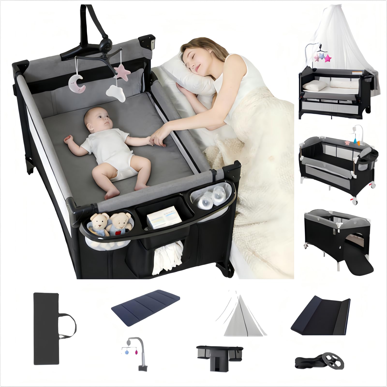 Łóżeczko podróżne dla niemowląt Pack and Play, składane i rozkładane łóżeczko dla niemowląt, regulowane łóżeczko dziecięce z moskitierą (szary z siatką)