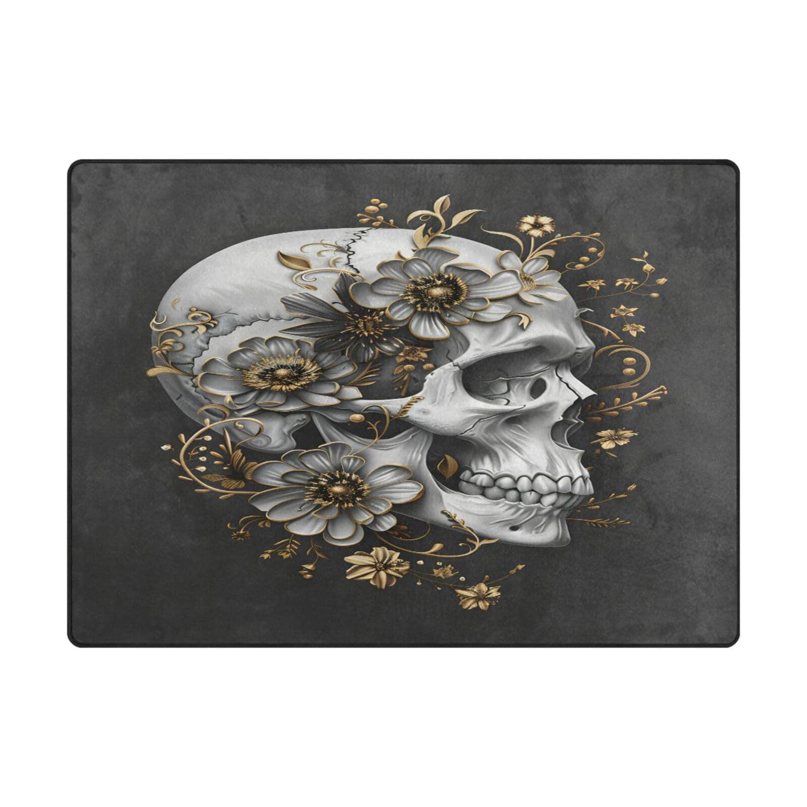 Grand tapis fleurs dorées autour de tête de mort doux et résistant 203x147cm