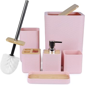 CERBIOR Bathroom Accessories Set 6 Piece Bamboo Bath Ensemble Includes Soap Dispenser, Toothbrush Holder, Toothbrush Cup, Soap Dish for Decorative Countertop and Housewarming Gift Pink