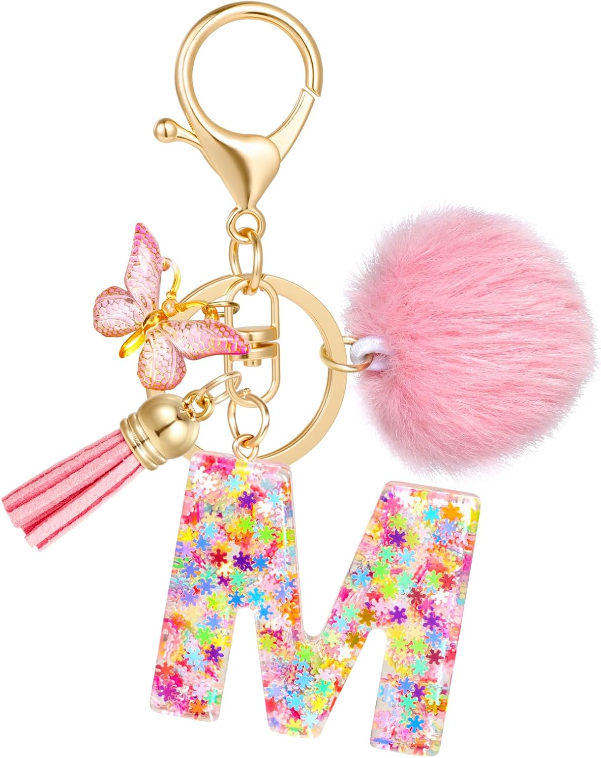 Pink Initial Letter Keychain,Cute Snowflake Sequins Key Chains for Girls Women Gift Handbag Decor