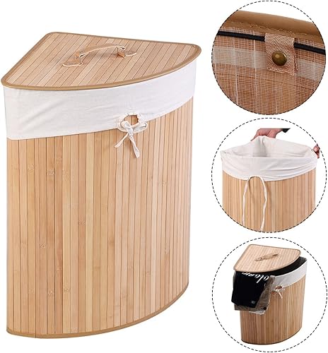 Miniatura 2 de GOFLAME Cesta esquinera de bambú para la ropa sucia con tapa y forro extraíble, cesta de almacenamiento con asa, adecuada para dormitorio, baño,