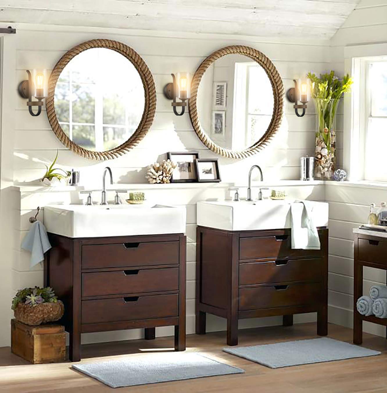 HYDELITE Industrial Seeded Cylindrical Glass Wall Sconce | Farmhouse Black & Wood Grain Finish Accented Bathroom Wall Light