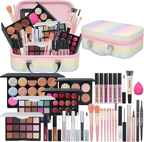 Pomcral All In On Makeup Kit Makeup Set For Teens, Women, Girl and Beginners Includes Eyeshadow Concealer Palette Lip Gloss Set Lipstick Eye Pencil Makeup Brushes
