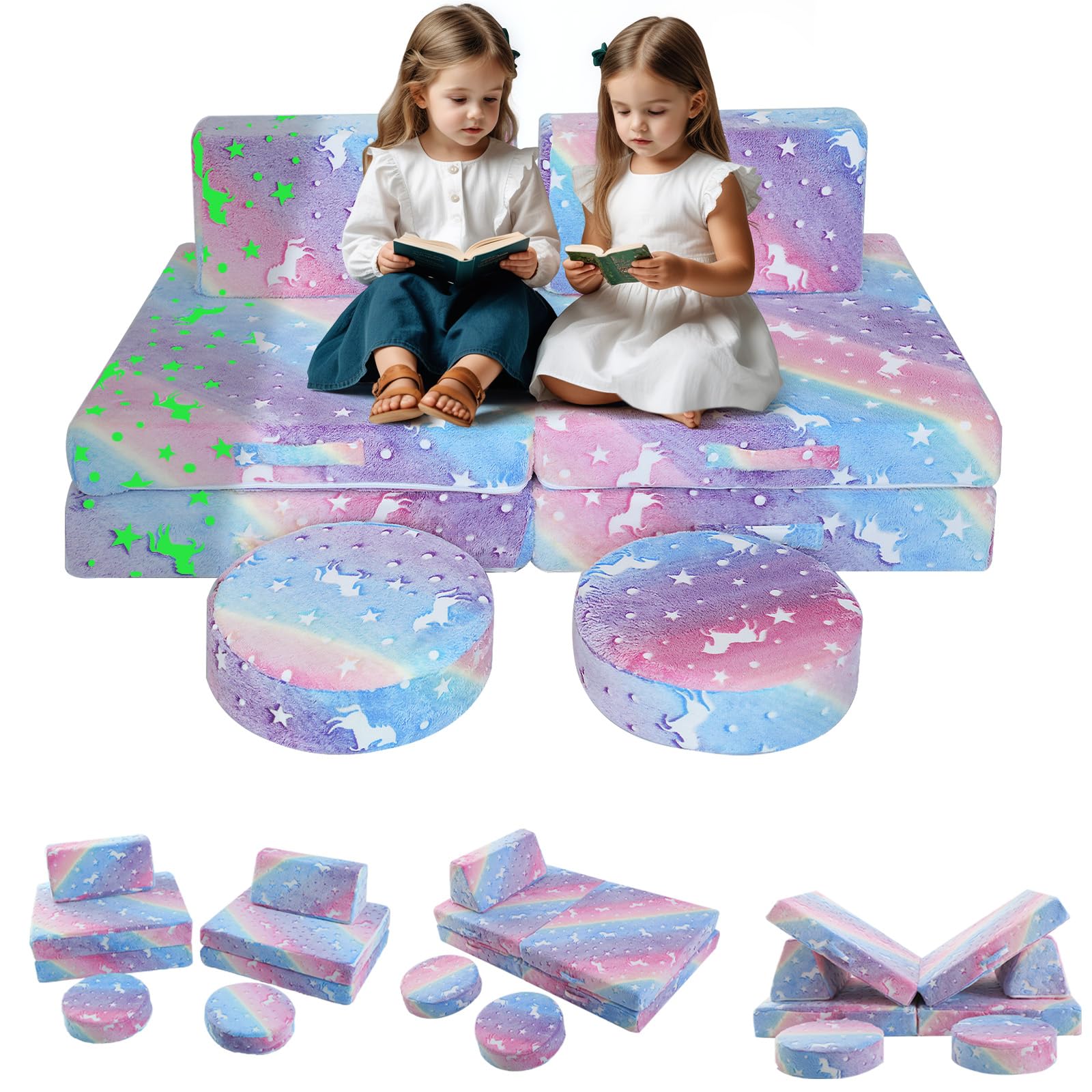 MeMoreCool Modular Glow Sofa for Kids – 8-Piece Foam Play Couch Set | Convertible Design, Glow-in-The-Dark Unicorn & Rainbow Pattern, Washable Cover, Playroom Fun