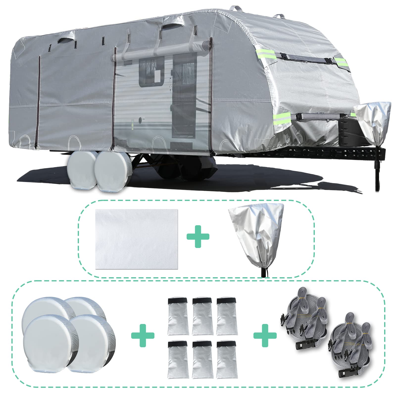 YIXIN 2022 Upgraded Version of The Whole car 450D Oxford Cloth Travel Trailer RV Cover Windproof Camper Cover up to 25'-29' RV with 4 tire Covers Tongue cover-100% Waterproof-UV Protection