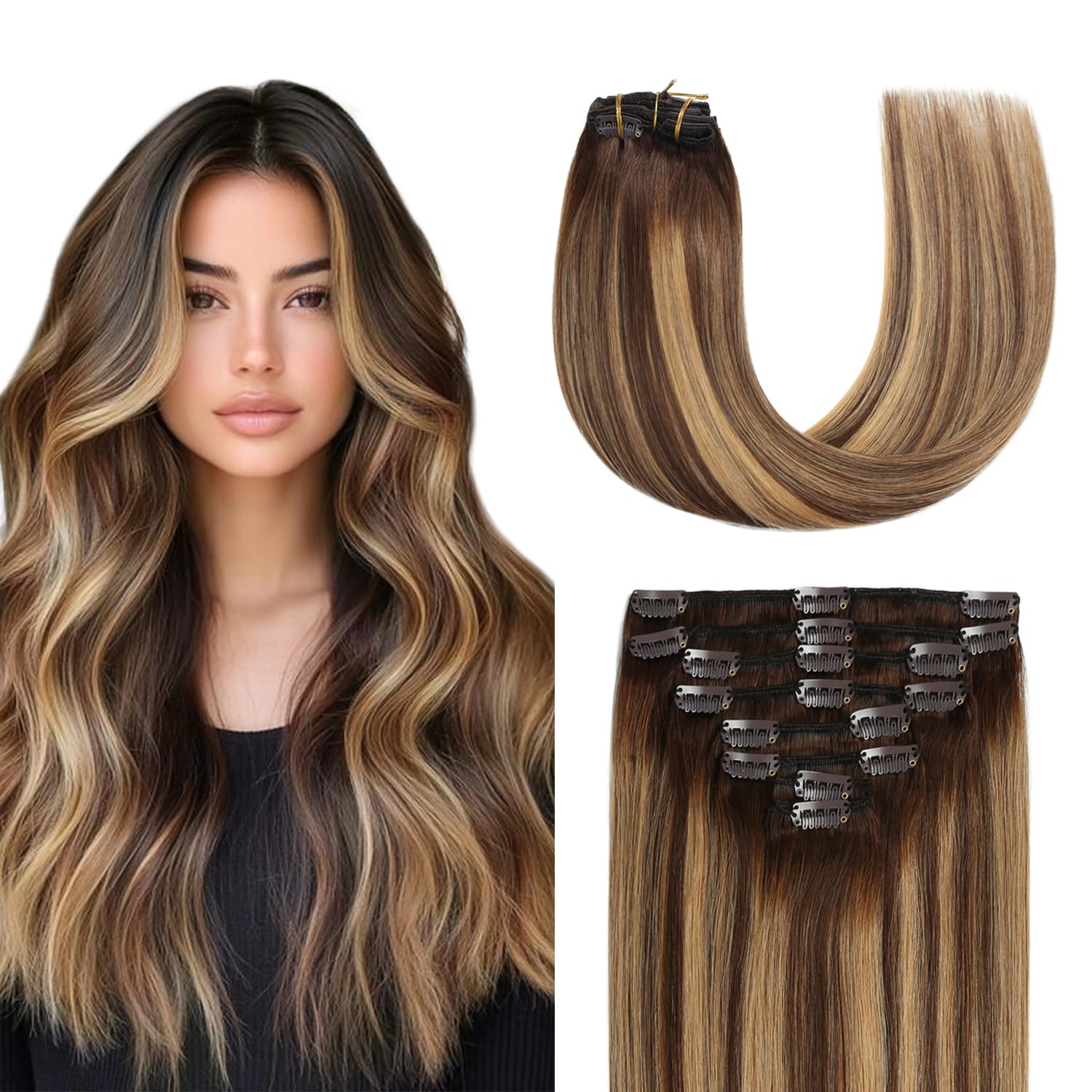 Sunya Clip in Hair Extensions Real Human Hair Balayage Human Hair Clip in Extensions Chocolate Brown to Caramel Blonde Human Hair Clip ins Ombre Hair Extensions Clip ins 14 Inch 8pcs/110g