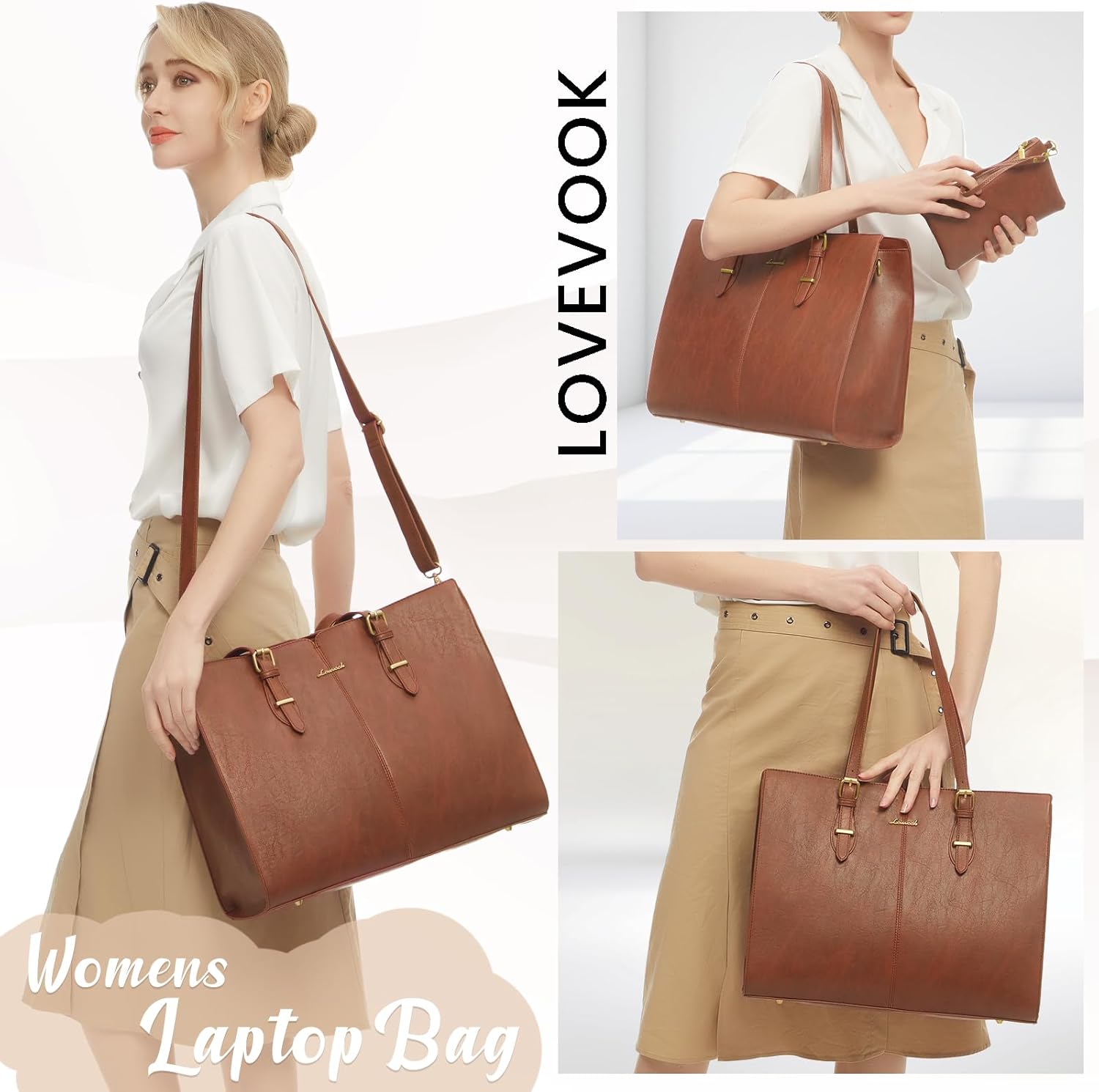 LOVEVOOK Laptop Bag for Women,Vintage Tote Bag for Work,Waterproof Handbags Shoulder Bag,Leather Office Computer Bag - Image 2
