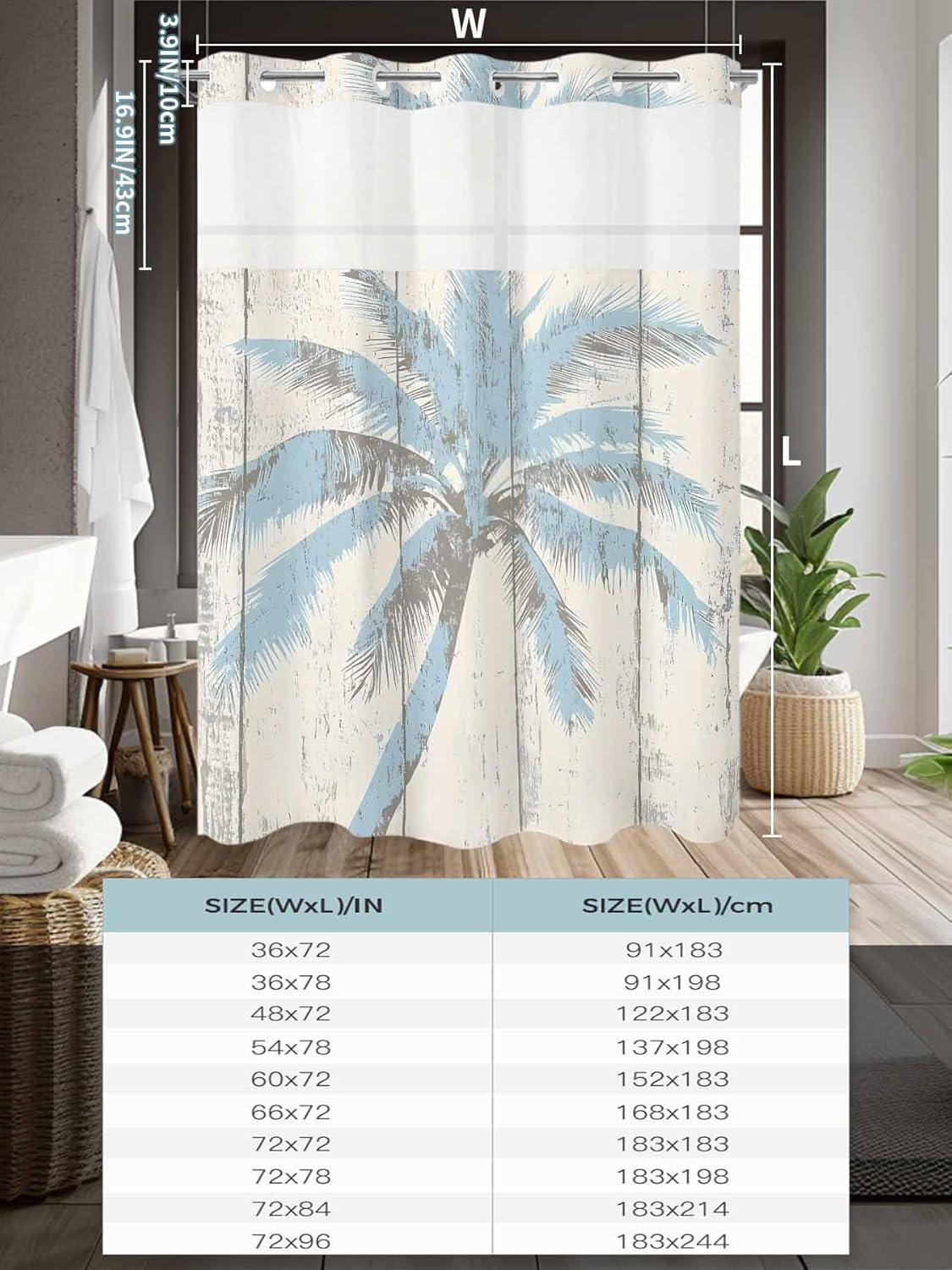 Prime Leader Palm Trees No Hook Shower Curtain with Snap in Liner Light Blue Vintage Wood Grain Shower Curtain for Bathroom, Fabric Waterproof Inner Liner with Mesh Top Window, 72x72