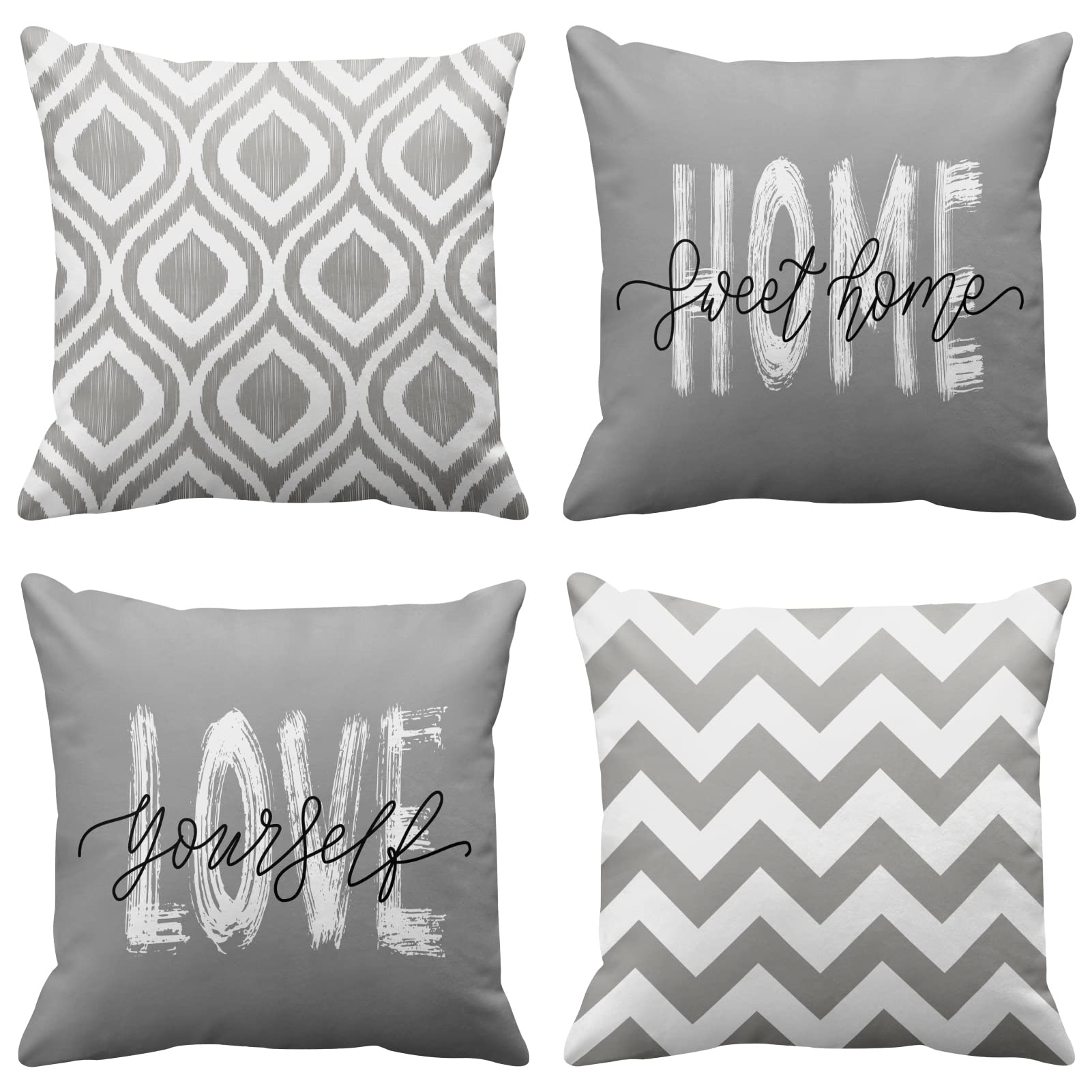 EmvencySet of 4 Grey White Throw Pillow Covers Geometric Abstract Art Home Sweet Home Love Yourself Decorative Pillow Cases Decor Standard Square 18x18 Inches Pillowcases