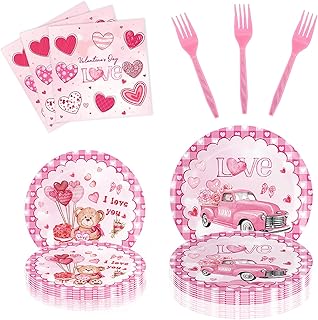 96 Pcs Valentines Party Supplies Tableware Set Valentine's Party Paper Plate and Napkins valentine decorations - 24 Set Heart and Love Disposable Dinnerware valentine's paper plates
