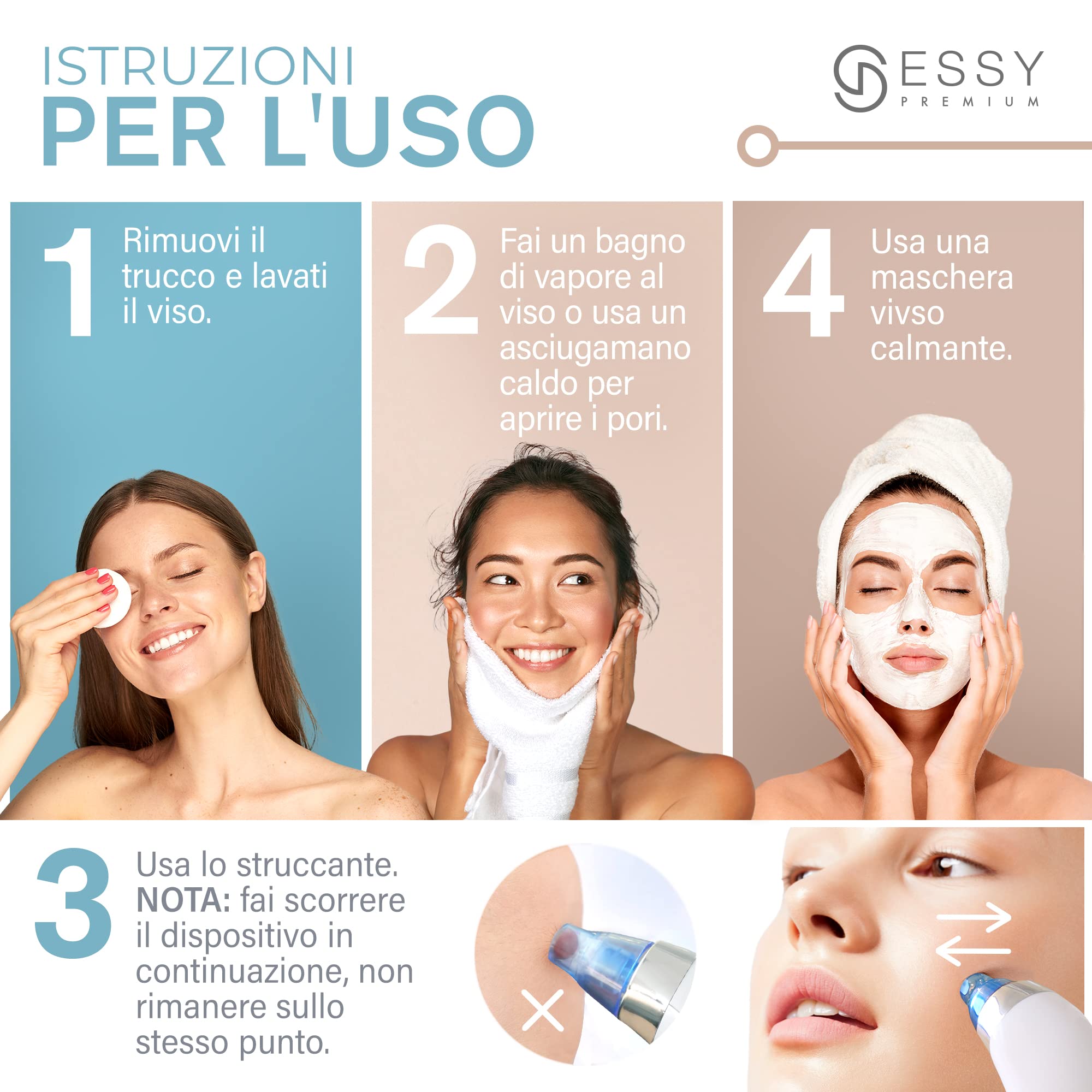 Essy Aspiratore Punti Neri Rimozione Aspira Punti Neri Profesionale Estrattore Naso Macchina Aspira Brufoli Pulizia Viso Schiaccia Rimuovi Comedoni Pori Acne Pore Cleaner Vacuum Blackhead Remover