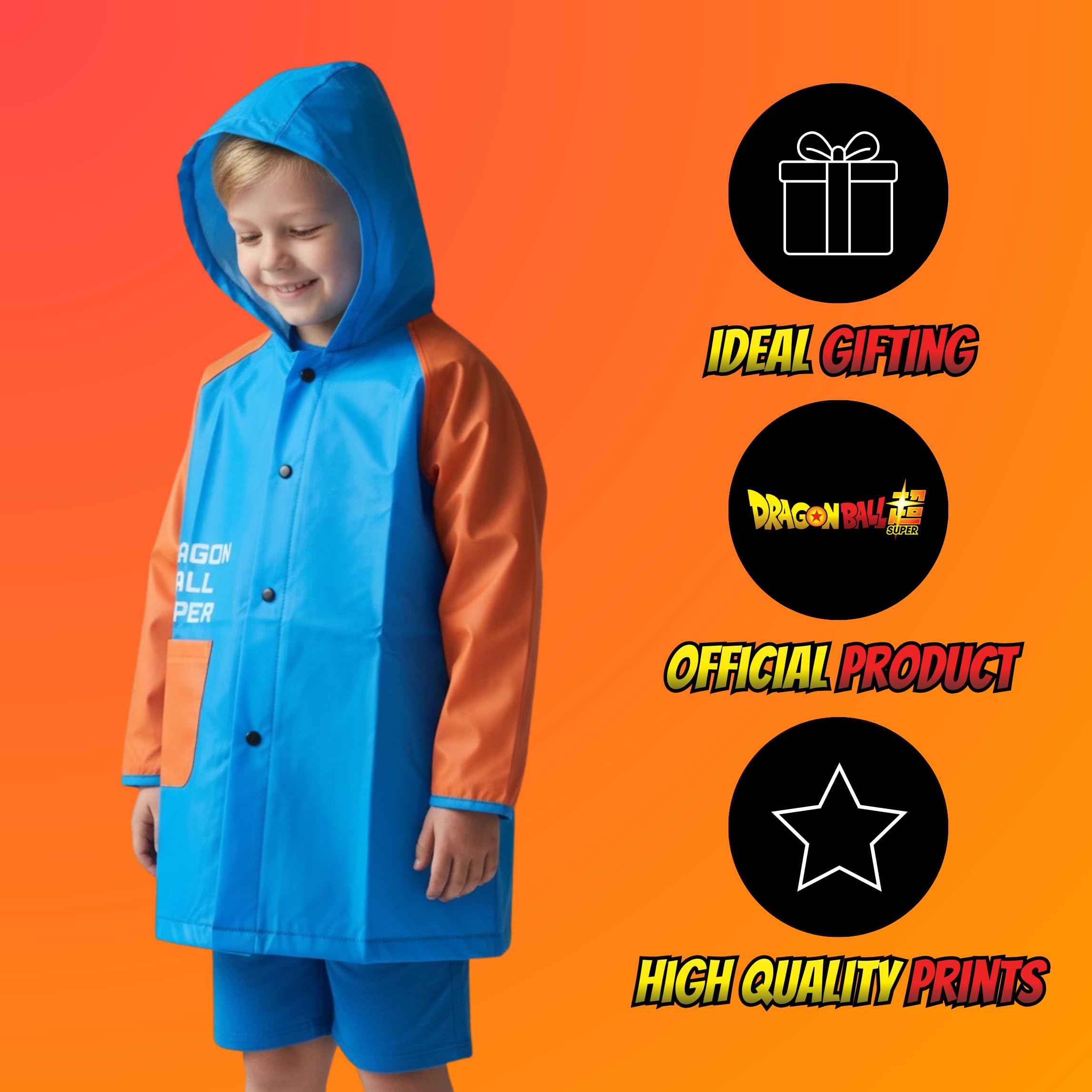 Dragon Ball Z Chubasquero Impermeable para Niños, Lluvia Chaqueta Impermeable con Capucha para Niños, Tallas 4 a 8 Años
