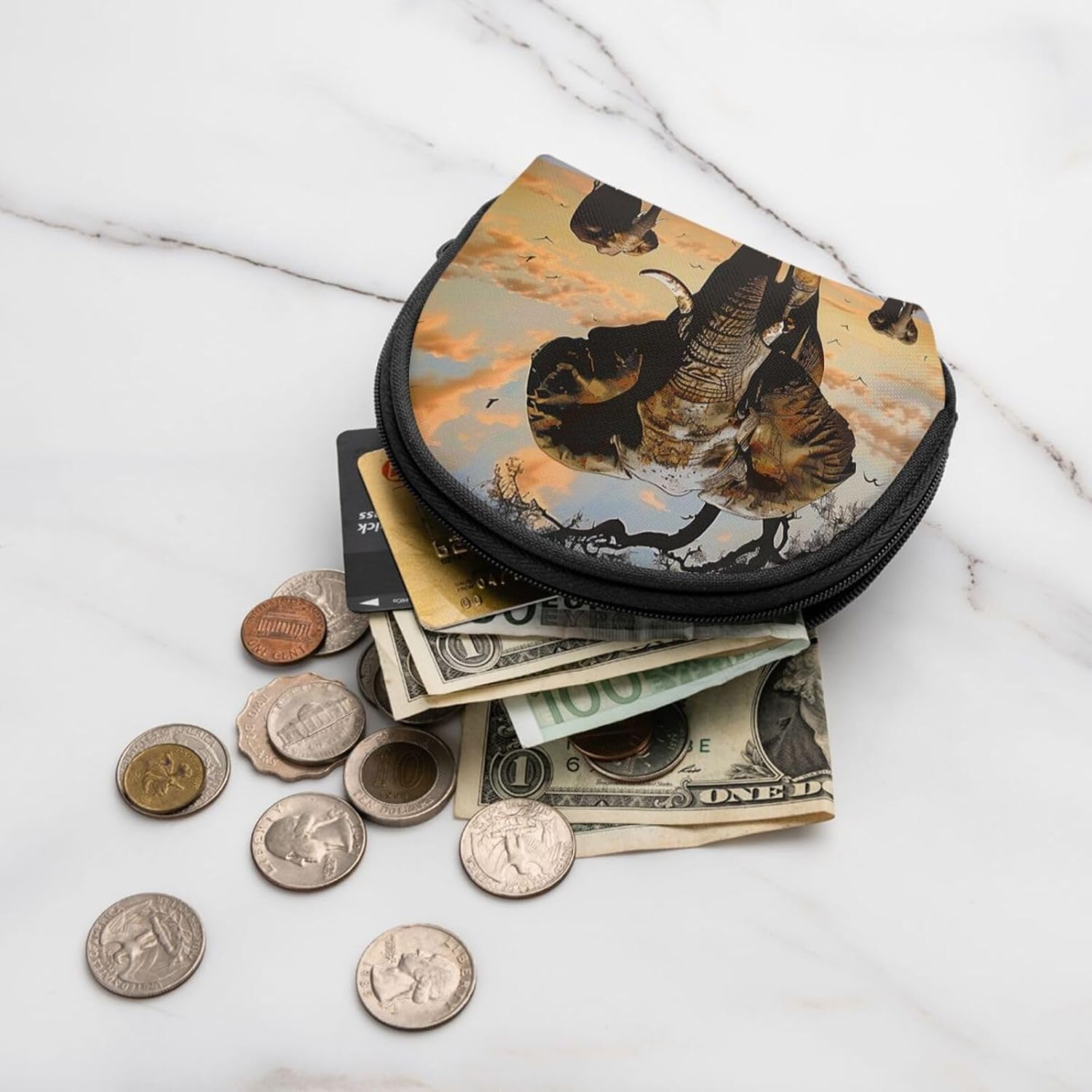 African Elephant Printed Coin Purse for Women Cute Small Change Wallet Mini Coin Purses Pouch with Zipper