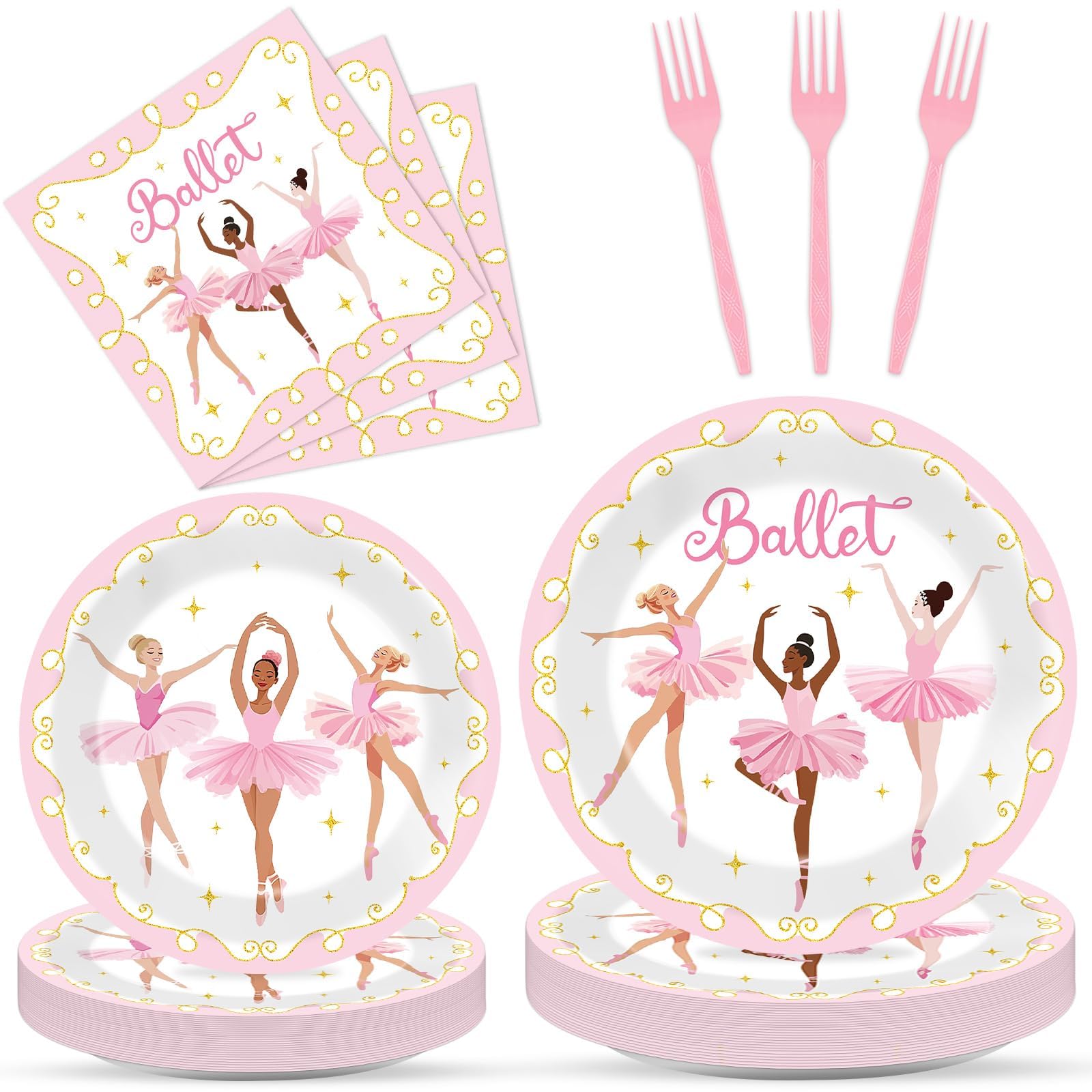 Qyeahkj 100 Pcs Ballerina Birthday Party Decorations for Ballet Plates and Napkins Ballet Dress Paper Dinnerware Table Supplies Disposable Dancing Girl Birthday Party Tableware Decor Serves 25