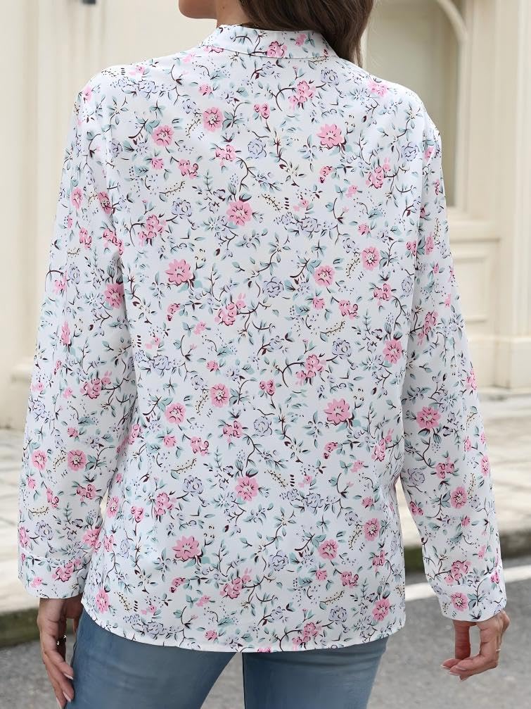 Womens Long Sleeve Button Down Up Shirt Floral Boho Early Fall Clothes Pleated Green Leaves Crewneck Top Work Blouses - Image 4